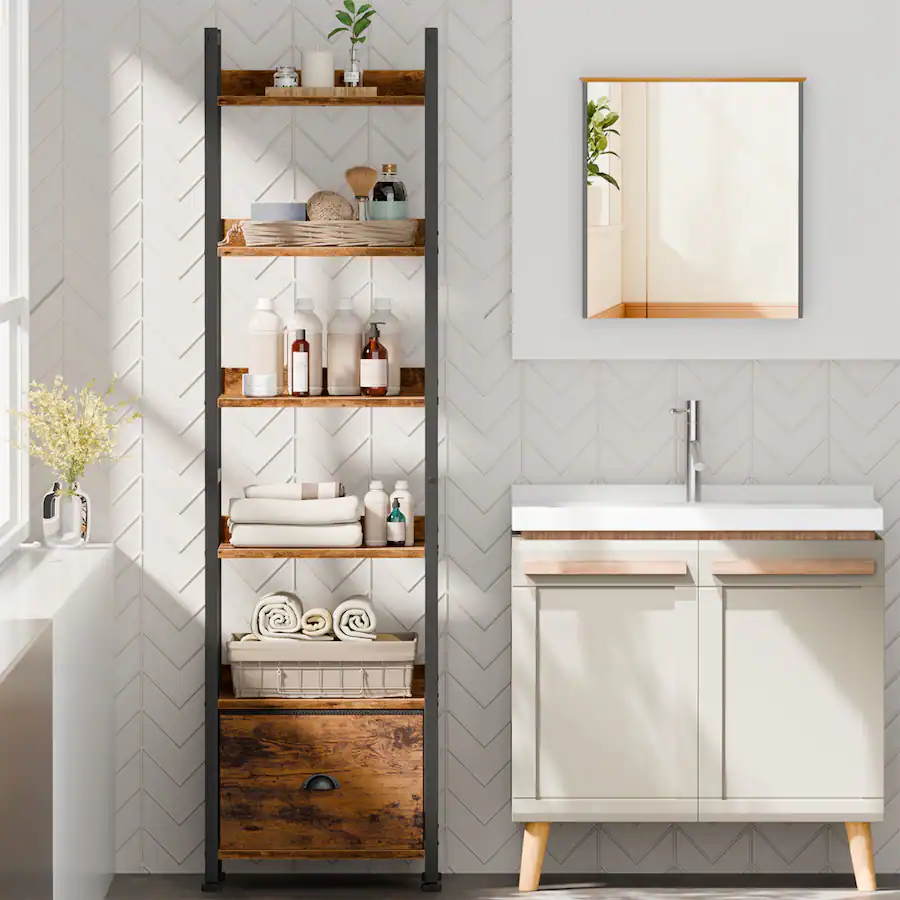 Furnulem 6 Tier Industrial Storage Bookshelf with Fabric Drawer for ...