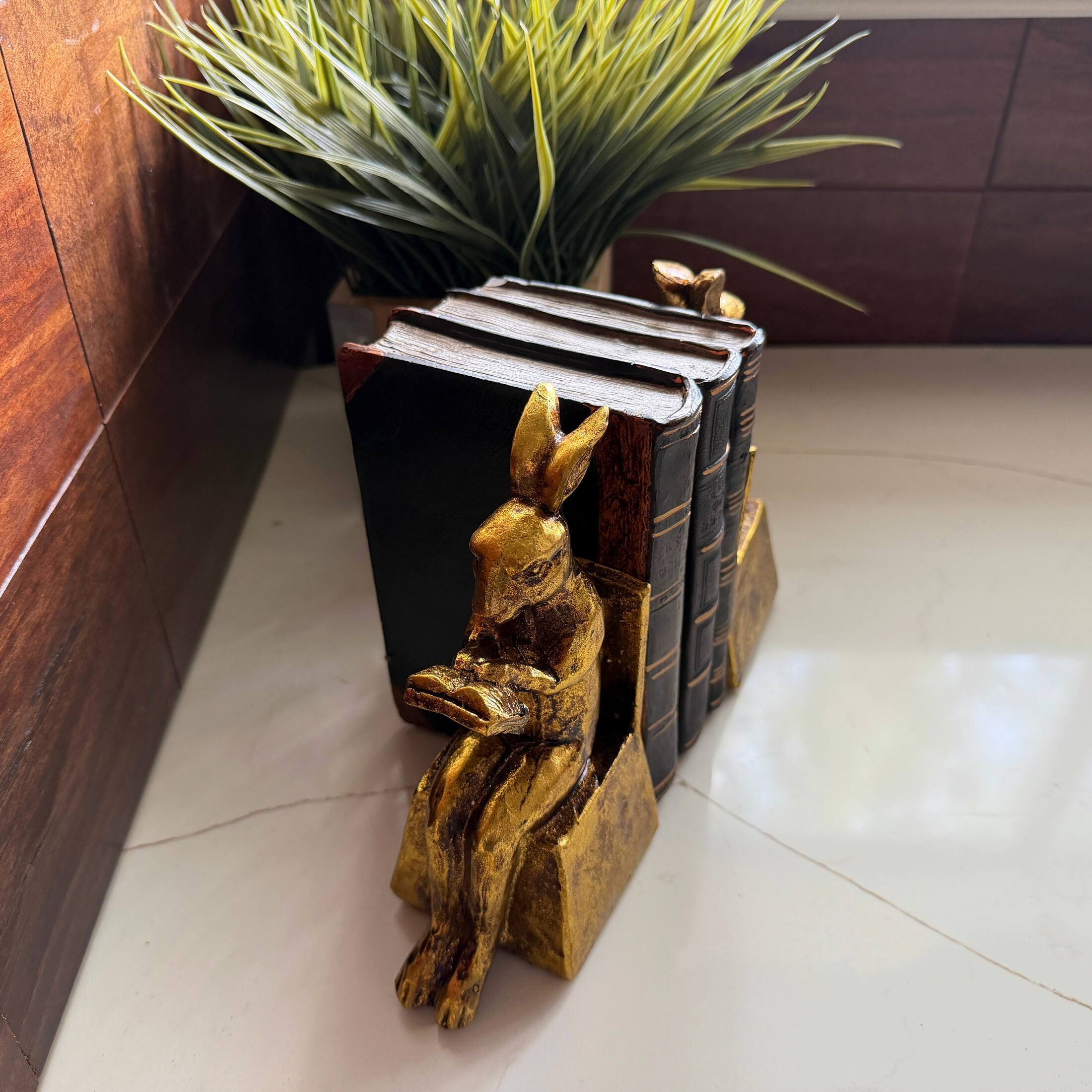 Alt View 7. Things2Die4 - Antique Gold Rabbit Bookends Set of 2 Resin Bookworm Decor 6.75 Inch - Gold.