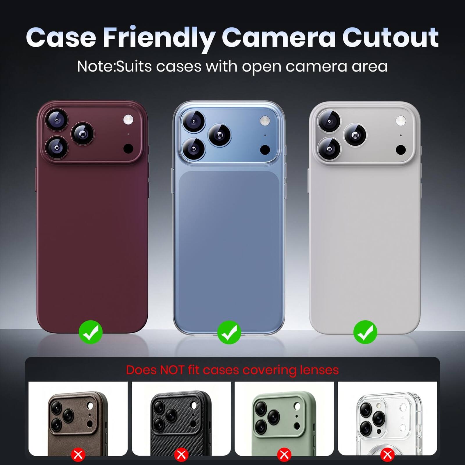 Case Friendly Camera Cutout  
Note: Suits cases with open camera area  
Does NOT fit cases covering lenses