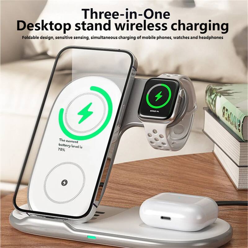 Three-in-One Desktop stand wireless charging  
Foldable design, sensitive sensing, simultaneous charging of mobile phones, watches and headphones  
The current battery level is 75%