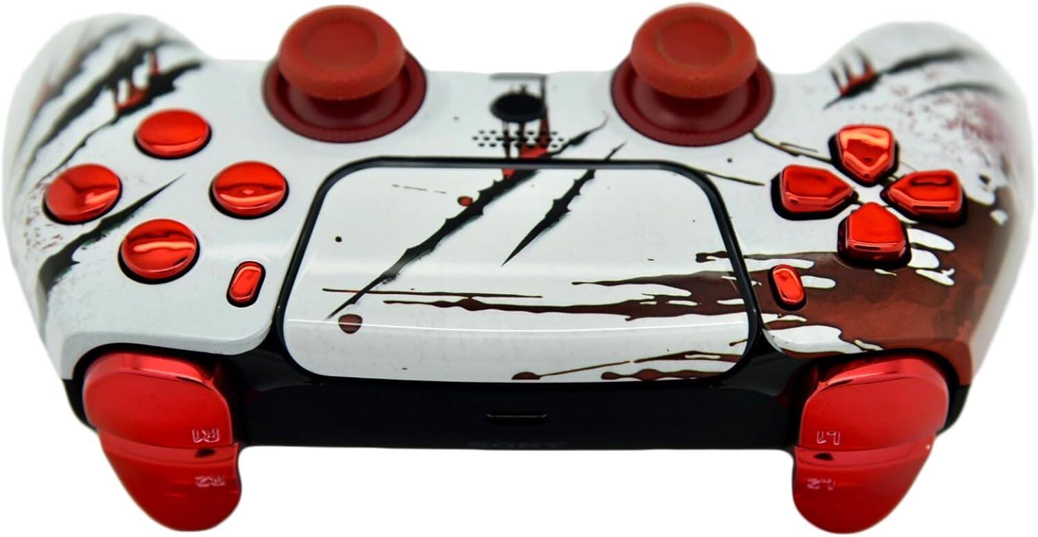 Back. Custom Controllerzz - Custom Wireless Controller for PS5 - Slasher & Red Chrome Inserts.