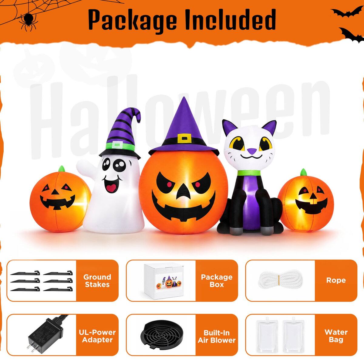 Package Included

- Ground Stakes
- Package Box
- Rope
- UL-Power Adapter
- Built-In Air Blower
- Water Bag
