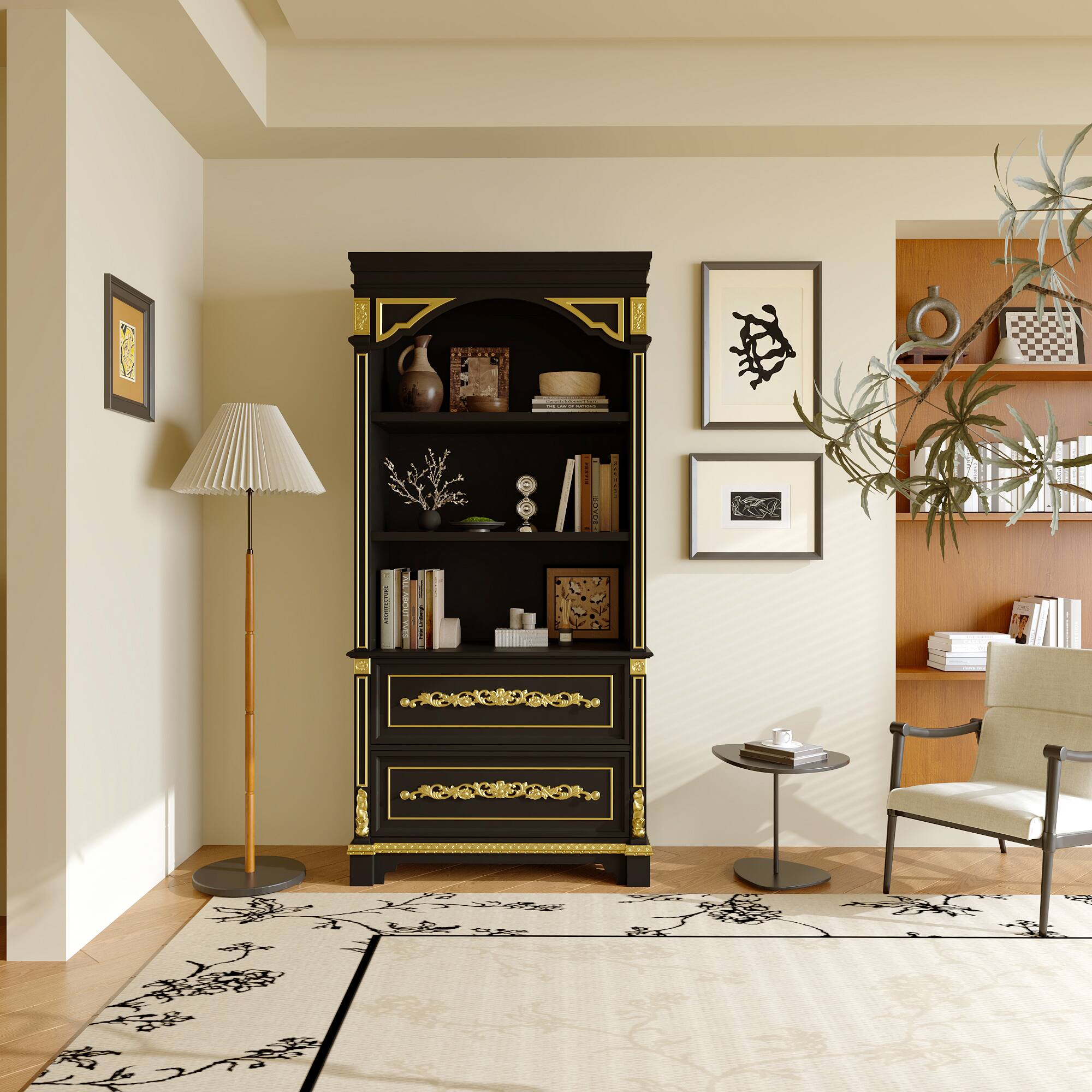 Alt View 7. Famapy - Luxury Display Cabinet with Carved Details, Tall Accent Storage Cabinet with Open Shelves and Drawers for Living Room.