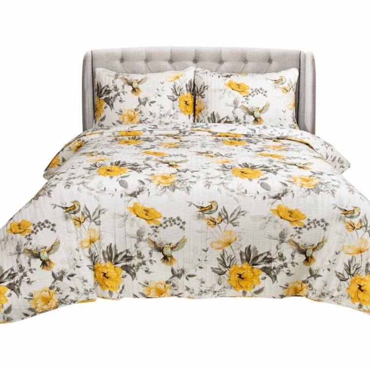 Hivvago - King size 3 Piece White Yellow Grey Reversible Floral Birds Cotton Quilt Set - White, Grey, Yellow