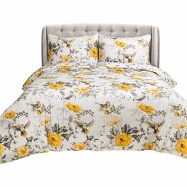 Hivvago - Full/Queen 3 Piece White Yellow Grey Reversible Floral Birds Cotton Quilt Set - Grey, Yellow