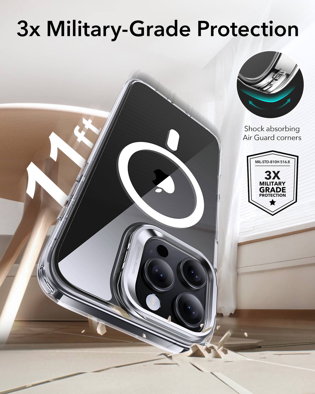 The text on the image is grouped as follows:

1. "3x Military-Grade Protection"
2. "Shock absorbing ft Air Guard corners"
3. "11ft MIL-STD-810H GRADE PROTECTION"
4. "Military 3X OH 516.8 CAMERA GUARD"