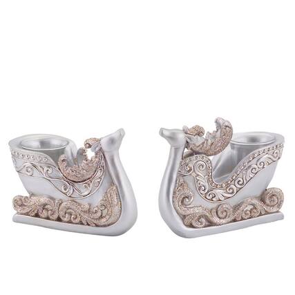 Front. Diva At Home - Set of 2 Silver Reindeer Sleigh Christmas Tea Light Candle Holders 4.5" - Silver.