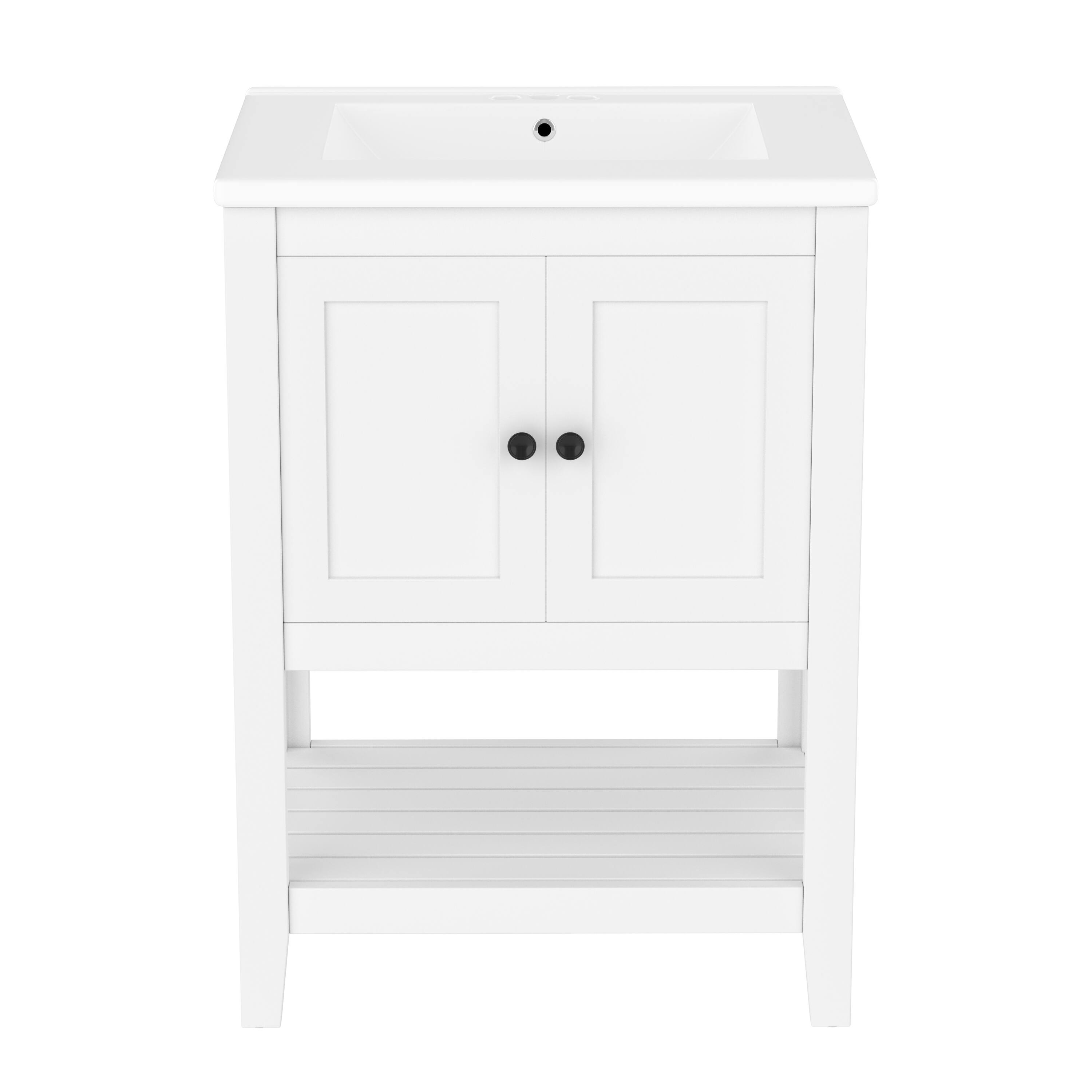 Back. Whisen - 24-Inch Freestanding Bathroom Vanity with Ceramic Sink and Open Style Shelf - White.