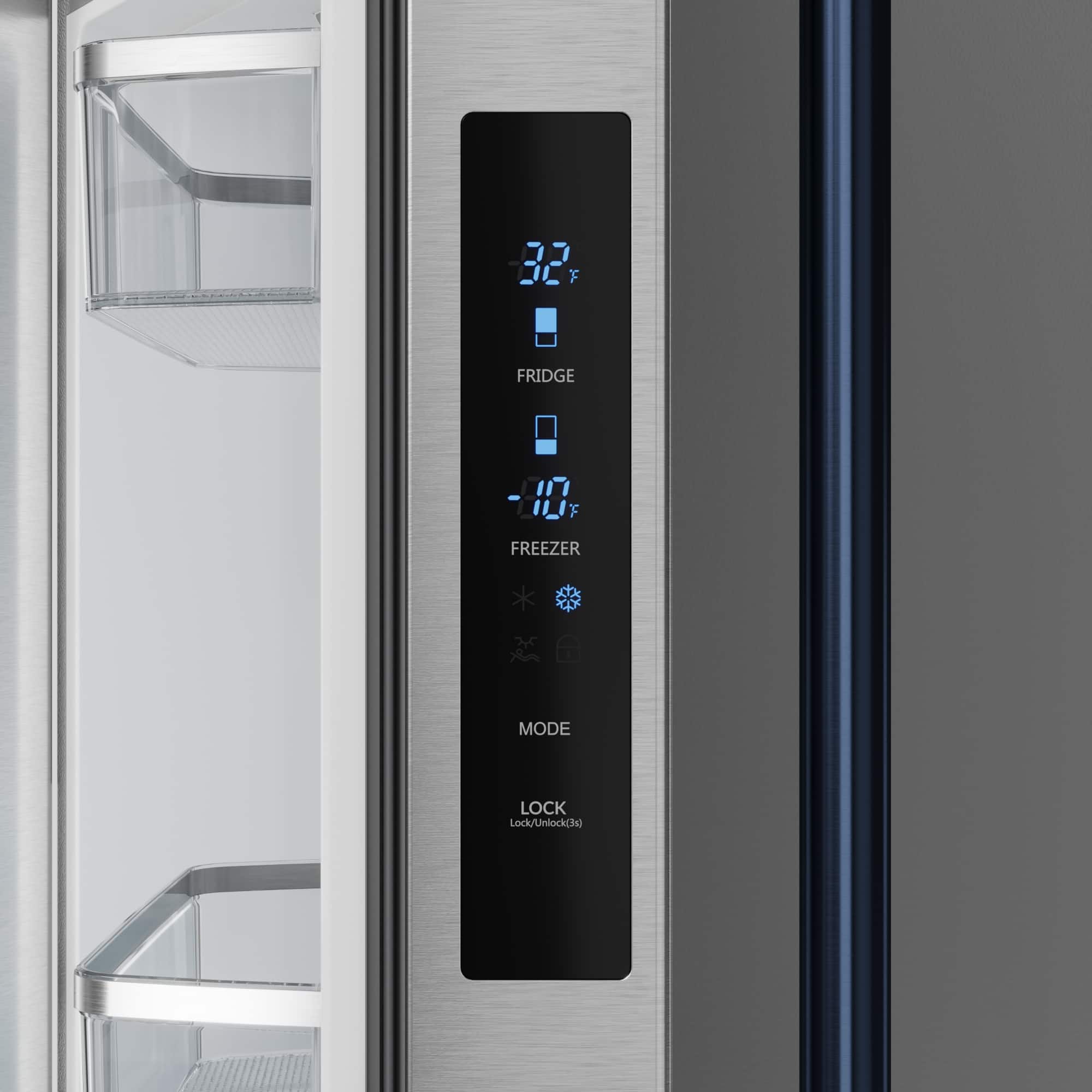 The image shows a refrigerator with a digital display on the front. The display shows the current temperature inside the refrigerator and freezer, with the refrigerator set at 32 degrees Fahrenheit and the freezer at -10 degrees Fahrenheit. The display also has a lock button, which can be used to lock the settings and prevent accidental changes. The refrigerator is made of stainless steel and has a sleek, modern design.