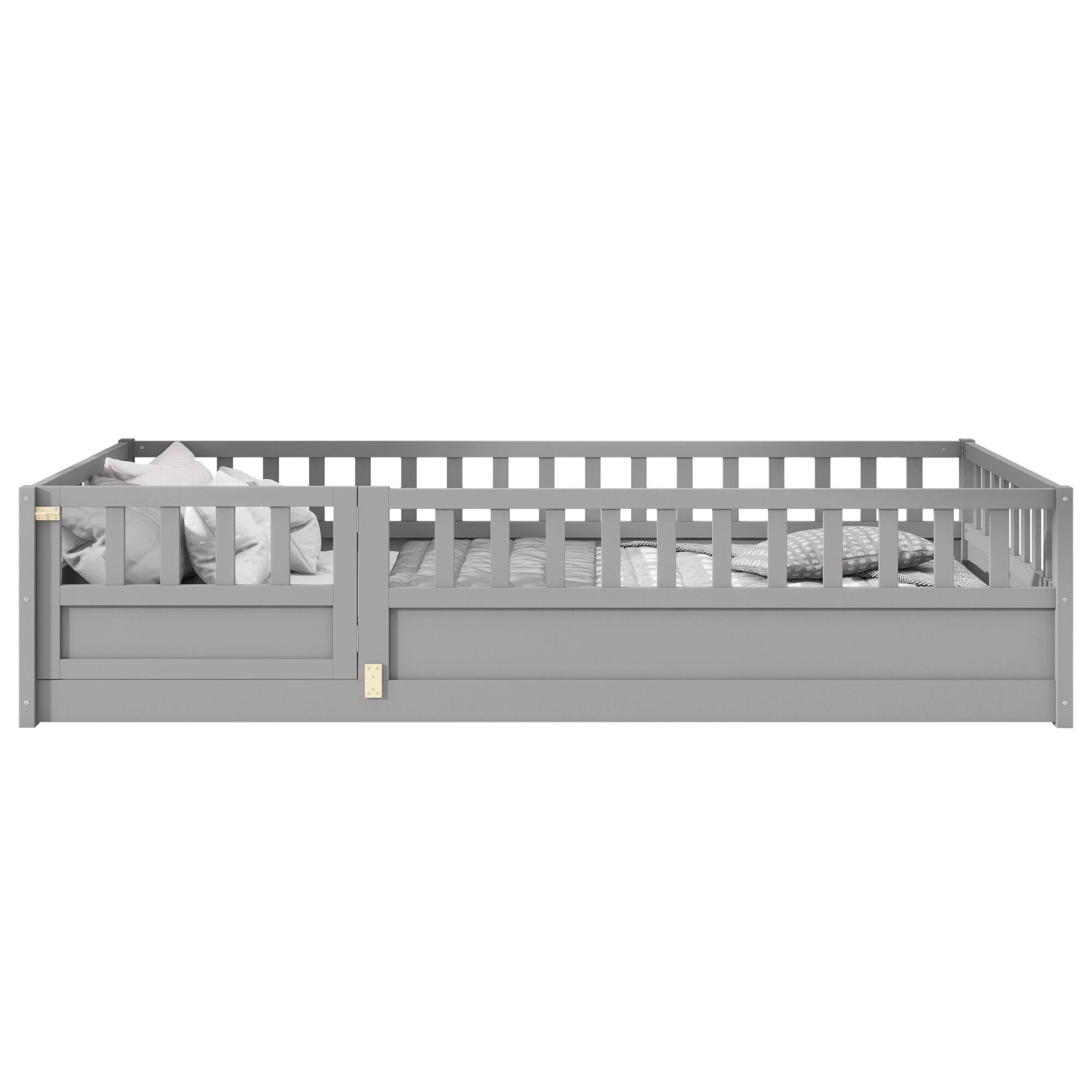 Back. GOODSILO - Twin Size Floor Bed with Safety Barrier and Door for Children, Montessori Inspired Wooden Frame - Grey.