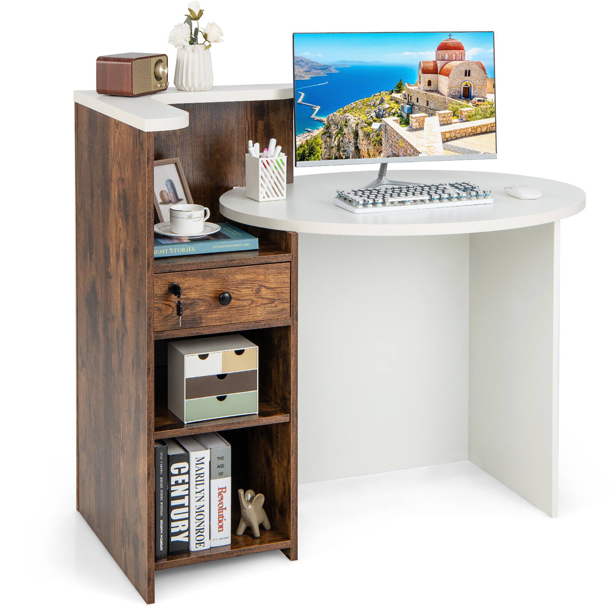 The image features a desk with a computer setup, including a keyboard and a mouse. The desk also has a bookshelf with several books, and a small white vase. The desk is situated in front of a large window, providing a view of the ocean. The scene is set up to create a comfortable and productive workspace.