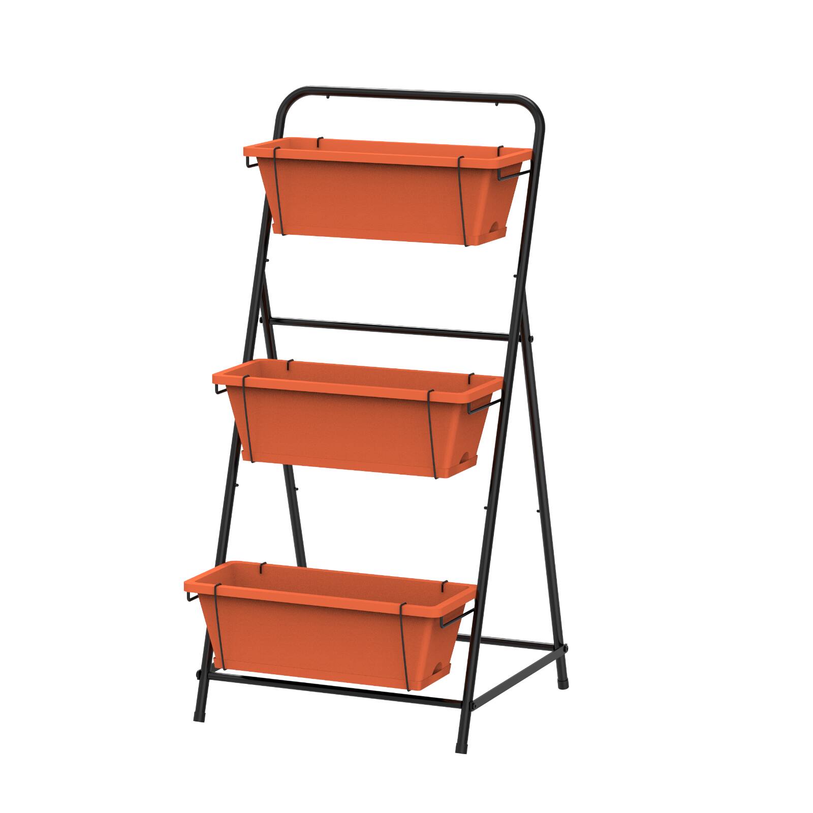 Front. Oumilen - 3-Tier Vertical Raised Garden Bed, Black A-Frame Metal Plant Stand with 3 Terracotta Plastic Planter Boxes - Black.