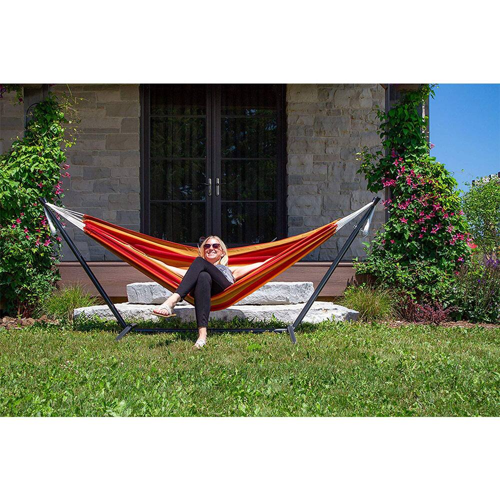 Alt View 10. Vivere - Vivere Brazilian Style Sunbrella Double Hammock with Steel Stand Combo, Sunset - Orange.