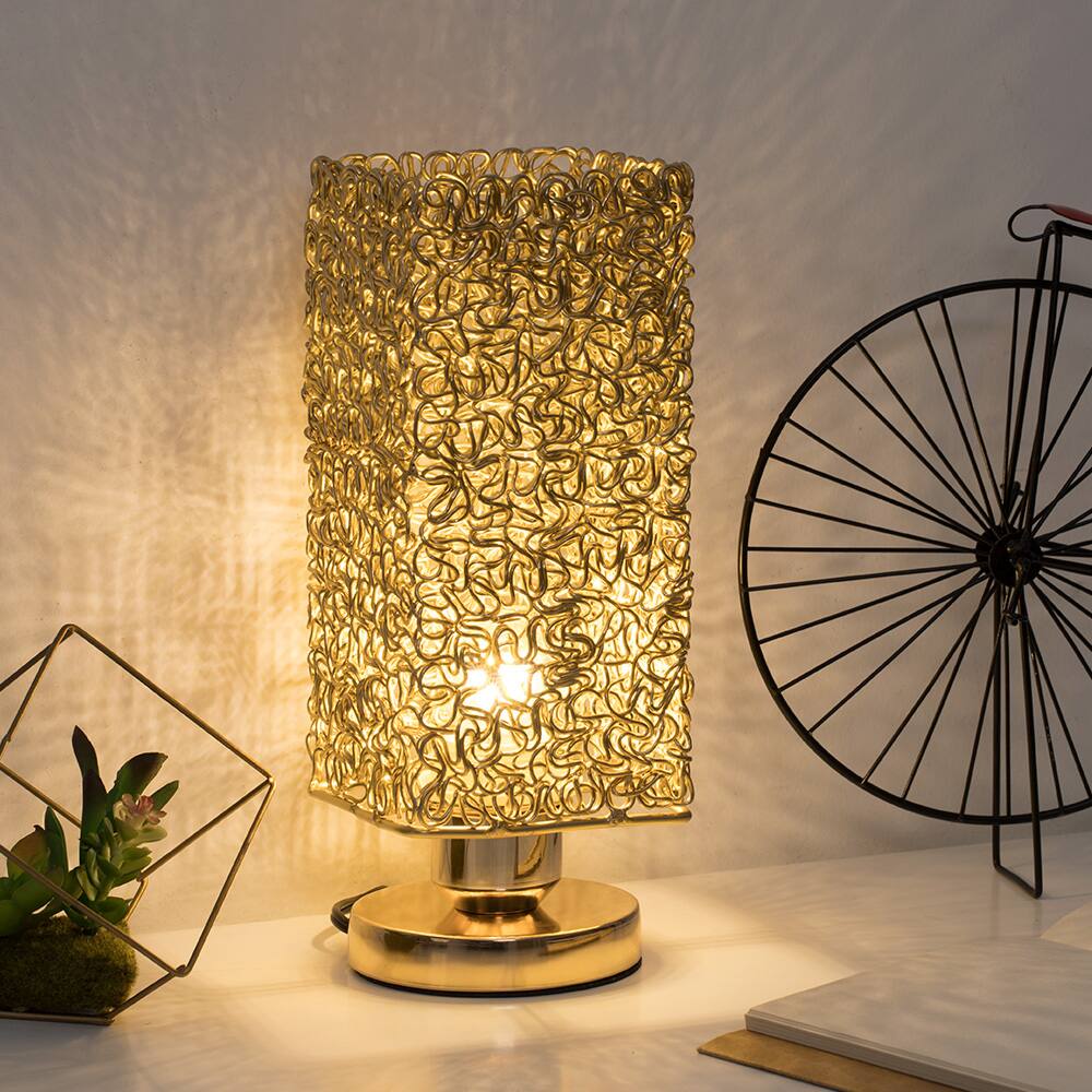 Alt View 1. Oumilen - Gold Square Table Lamp with Aluminum Wire Shade, E26 Socket & UL Plug.