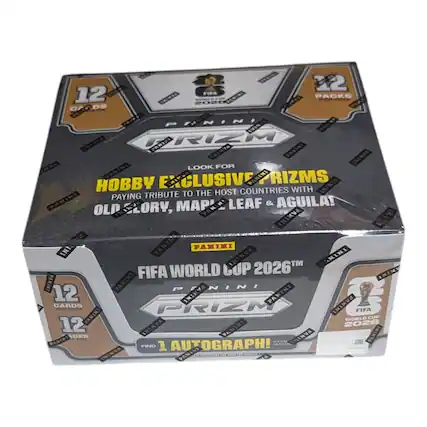 12 PACKS - PER BOX
2028 WORLD CUP
PANINI PRIZM
Hobby Exclusive
Paying Tribute to the Host Countries with Old Glory, Maple Leaf & Aguila!
FIFA World Cup 2026
12 Cards per Pack
Find 1 Autograph!