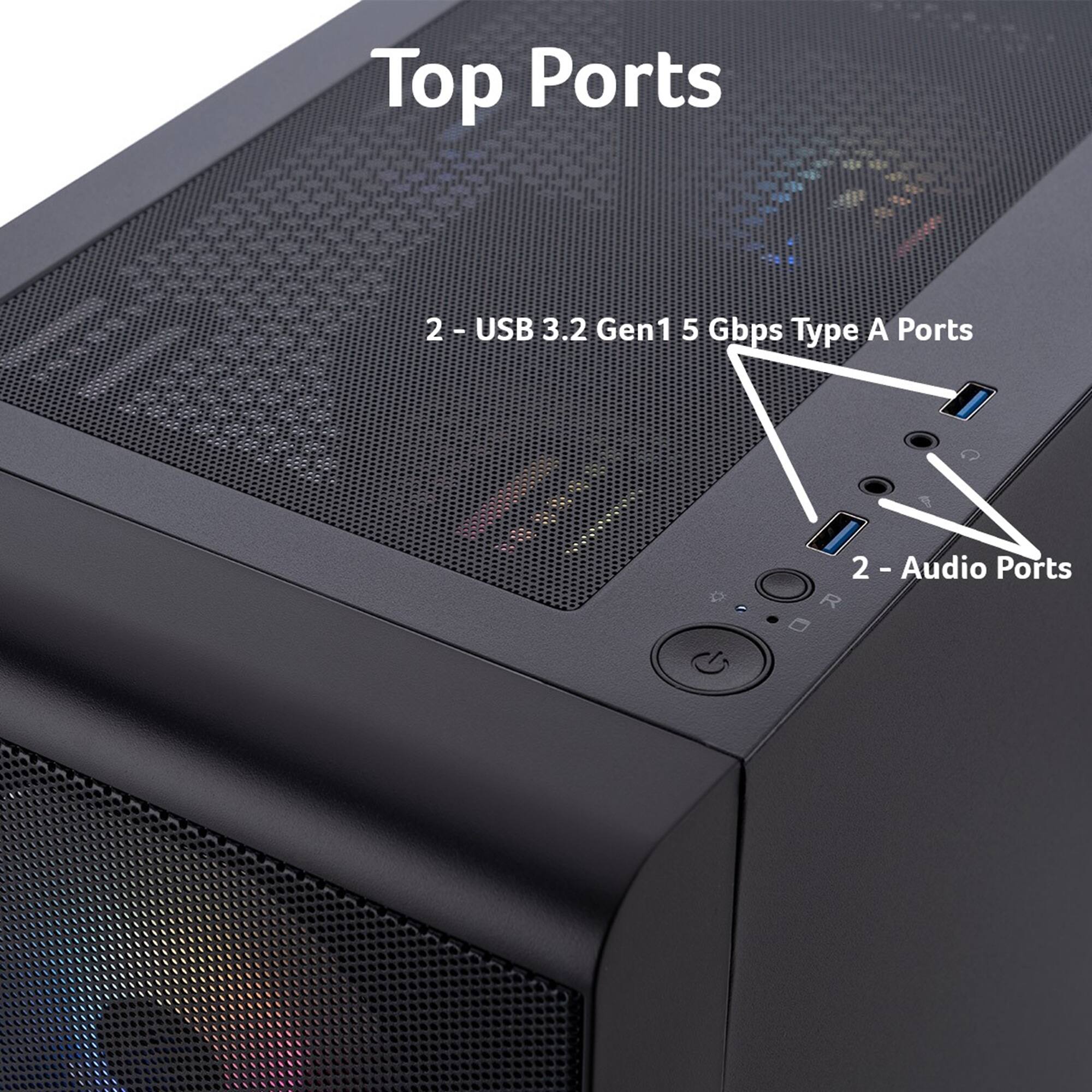 Top Ports: 2 USB 3.2 Gen1 5 Gbps Type A Ports and 2 Audio Ports.