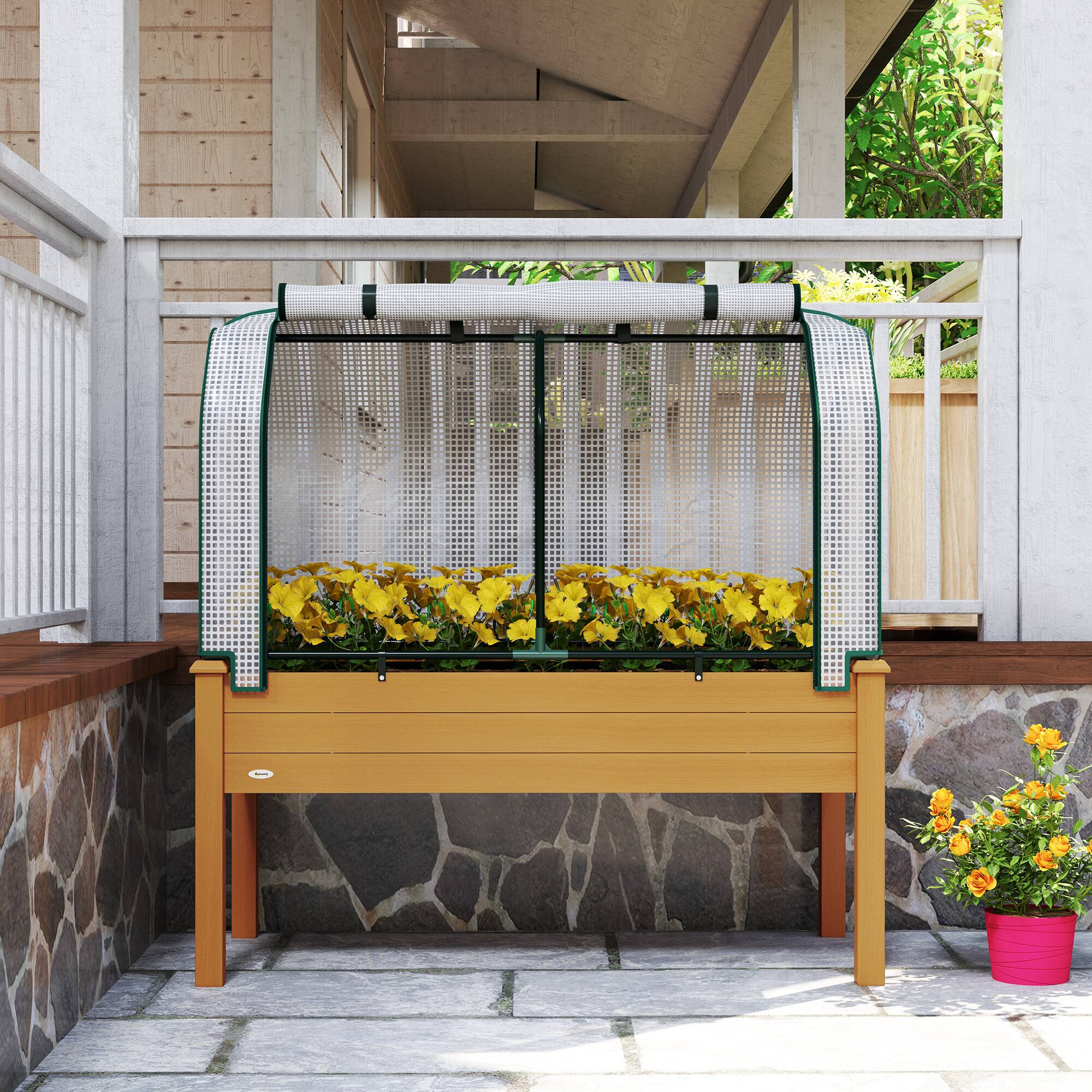 Alt View 8. Outsunny - Raised Garden Bed with PE Greenhouse Cover Outdoor Elevated Wood Planter Box for Herbs and Vegetables.