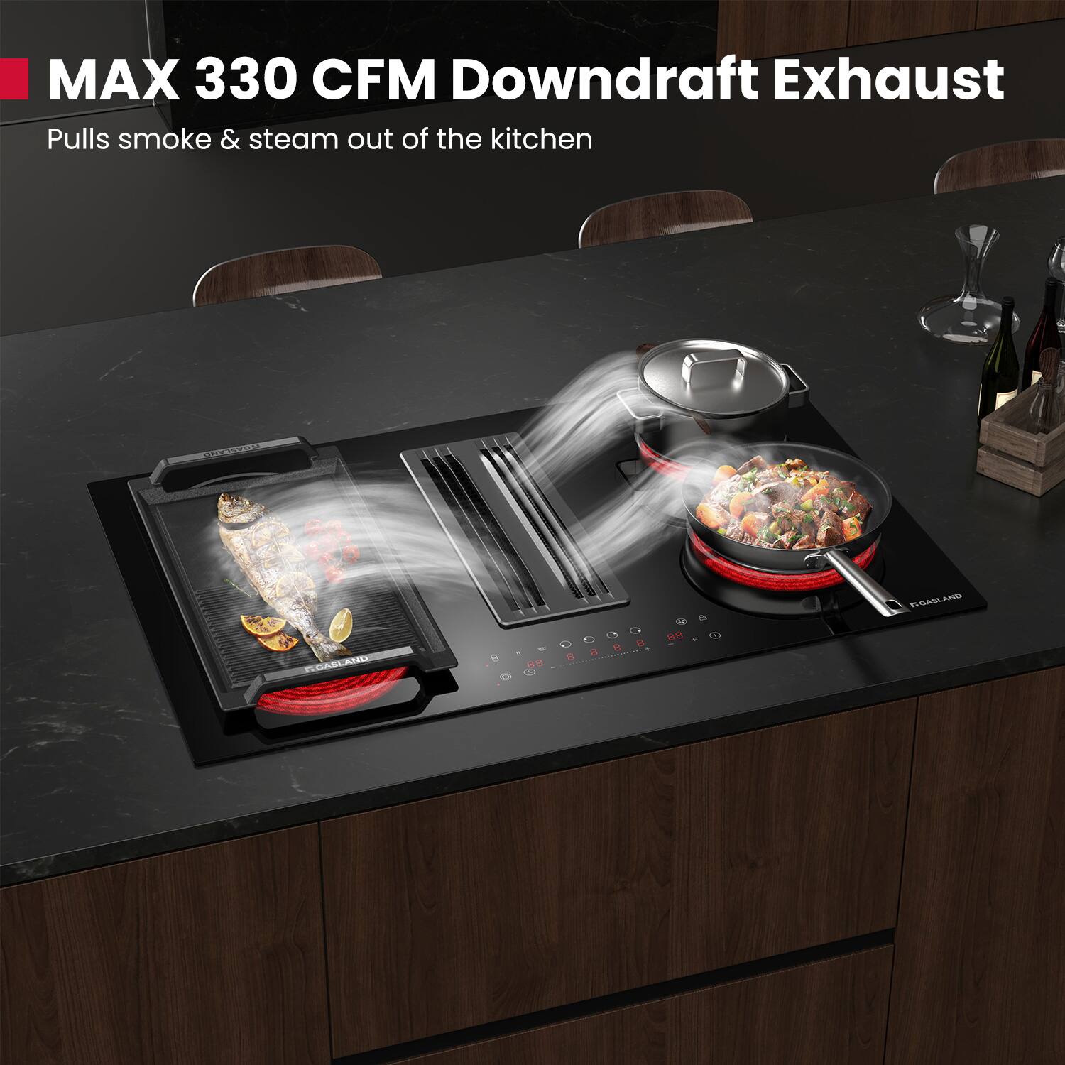 MAX 330 CFM Downdraft Exhaust  
Pulls smoke & steam out of the kitchen