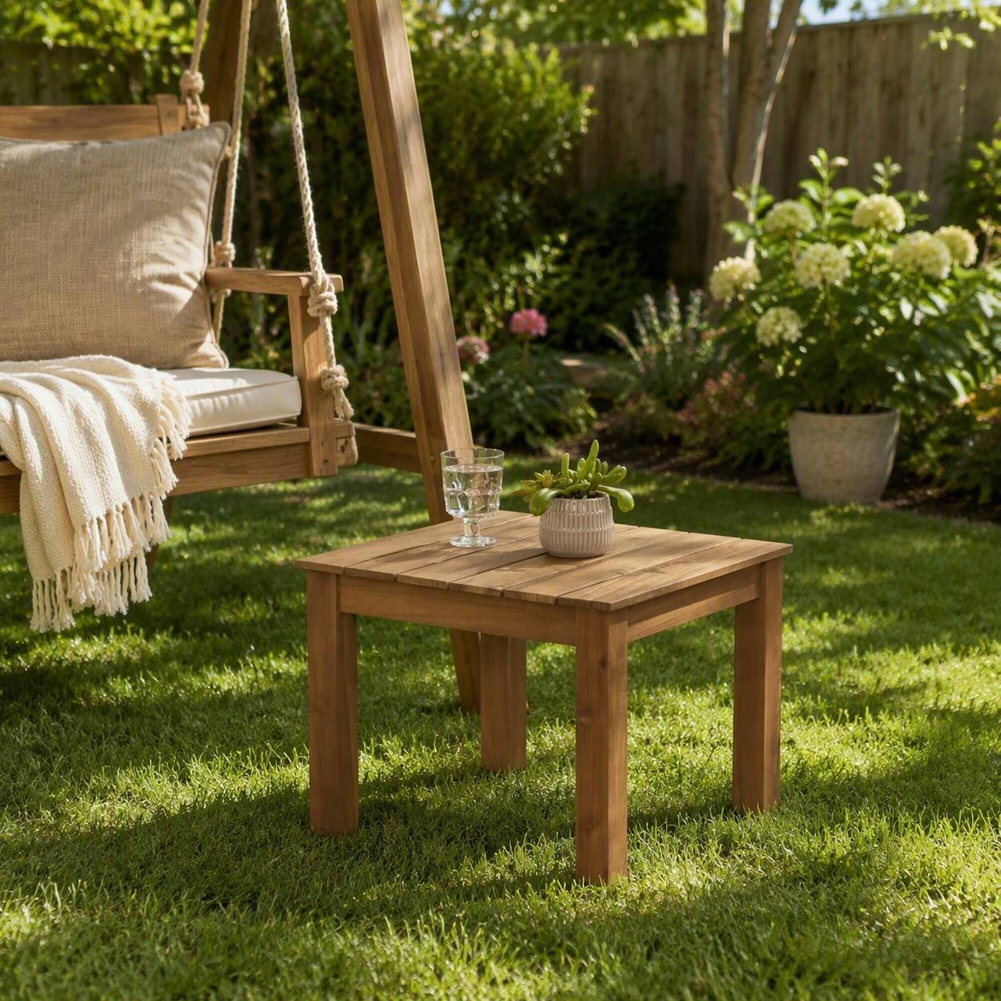 Alt View 2. RYHNUYNE - Solid Wood Outdoor Side Table, Brown Slatted Patio End Table for Garden Backyard Porch Balcony - Brown.