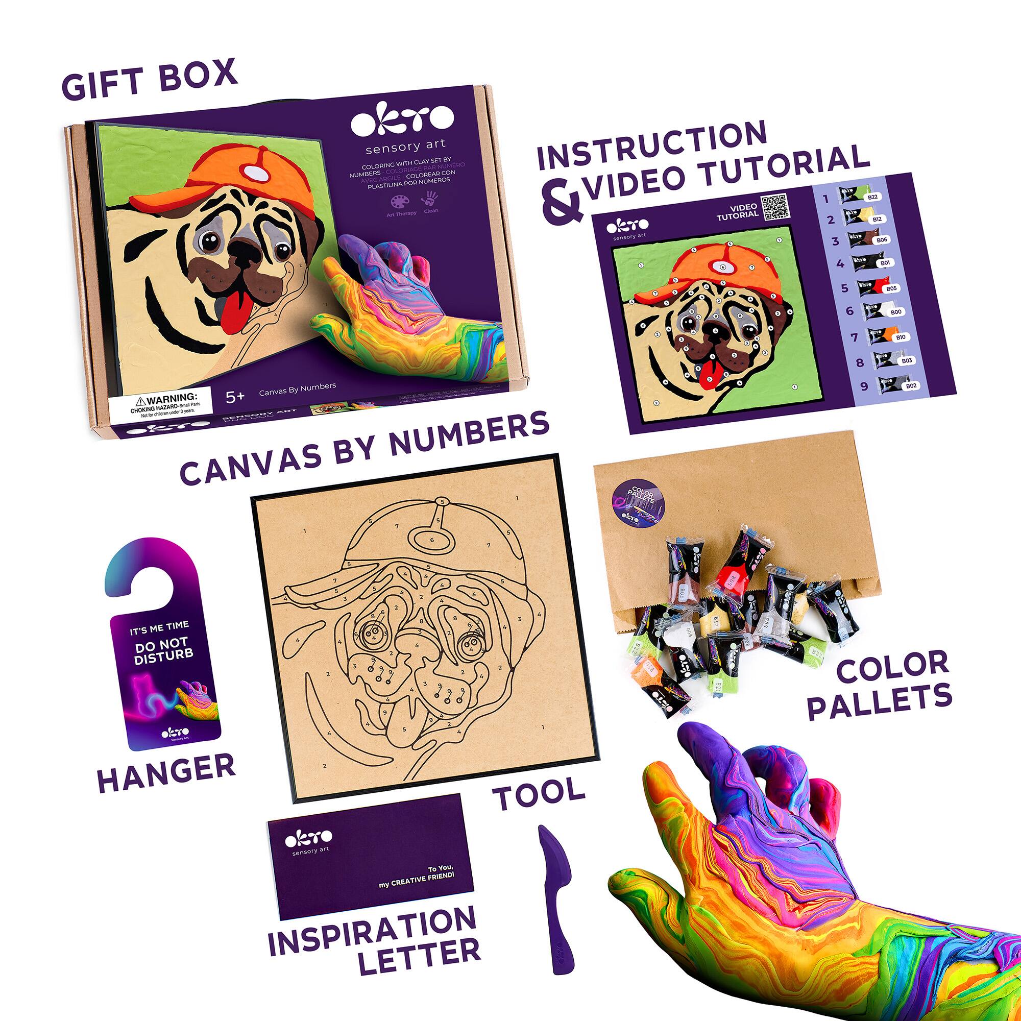 GIFT BOX  
sensory art  
INSTRUCTION & VIDEO TUTORIAL  
CANVAS BY NUMBERS  
HANGER  
TOOL  
INSPIRATION LETTER  
COLOR PALLETS