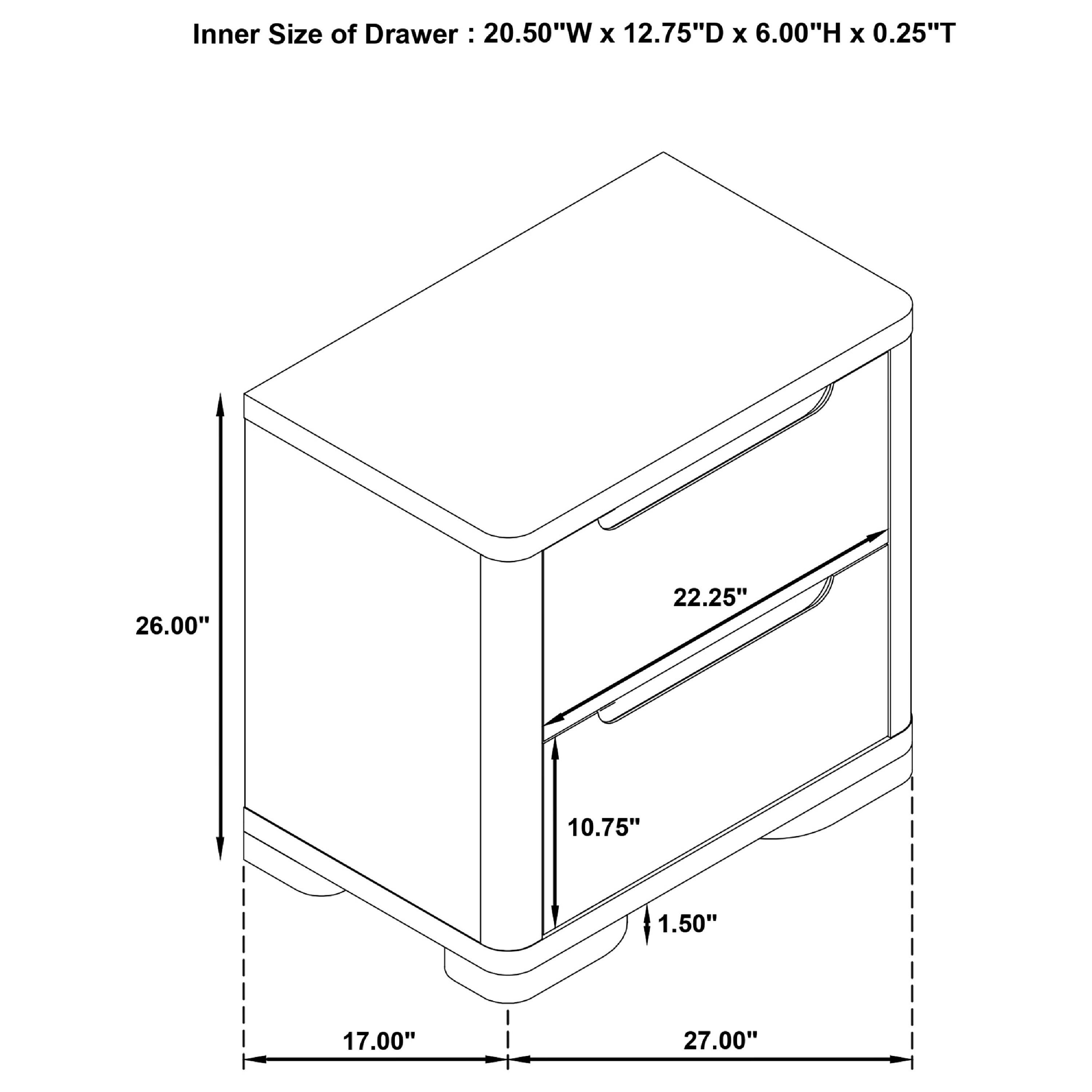 Inner Size of Drawer: 20.50"W x 12.75"D x 6.00"H x 0.25"T

26.00"  
22.25"  
10.75"  
1.50"  
17.00"  
27.00"
