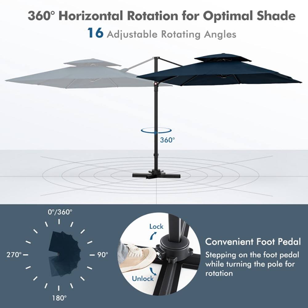 360° Horizontal Rotation for Optimal Shade  
16 Adjustable Rotating Angles  
360° Lock  
270° - 90° Unlock  
Convenient Foot Pedal  
Stepping on the foot pedal while turning the pole for rotation