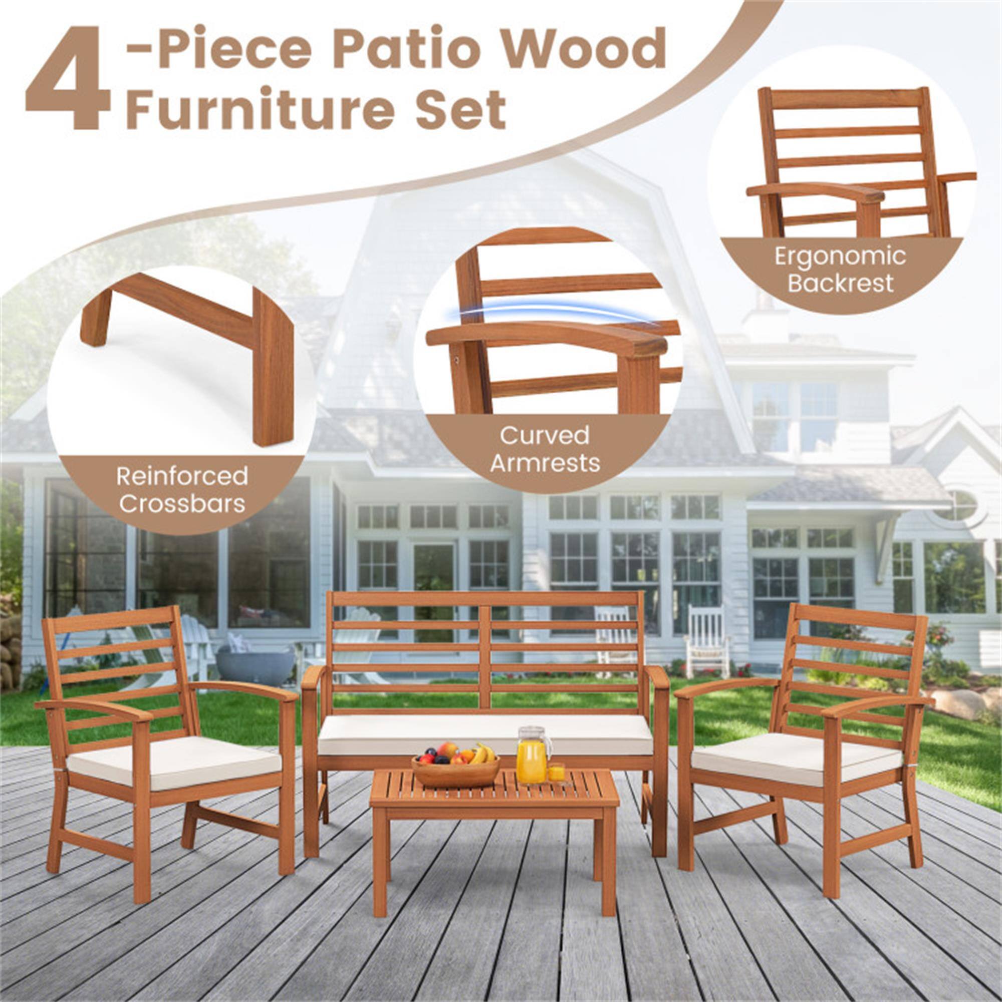 4-Piece Patio Wood Furniture Set

- Ergonomic Backrest
- Curved Armrests
- Reinforced Crossbars