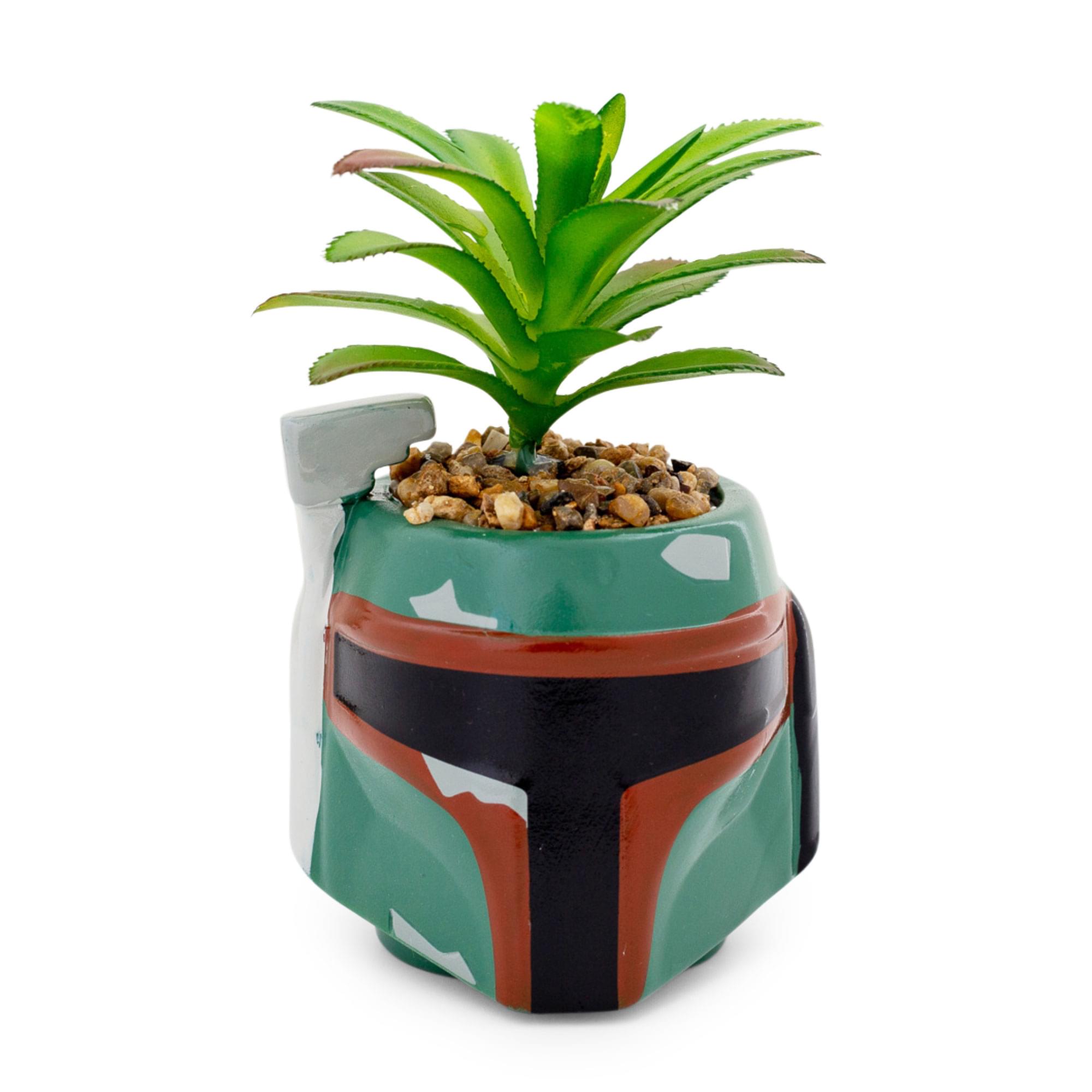 Front. Silver Buffalo - Star Wars Boba Fett Helmet 3-Inch Ceramic Mini Planter With Artificial Succulent - Green.