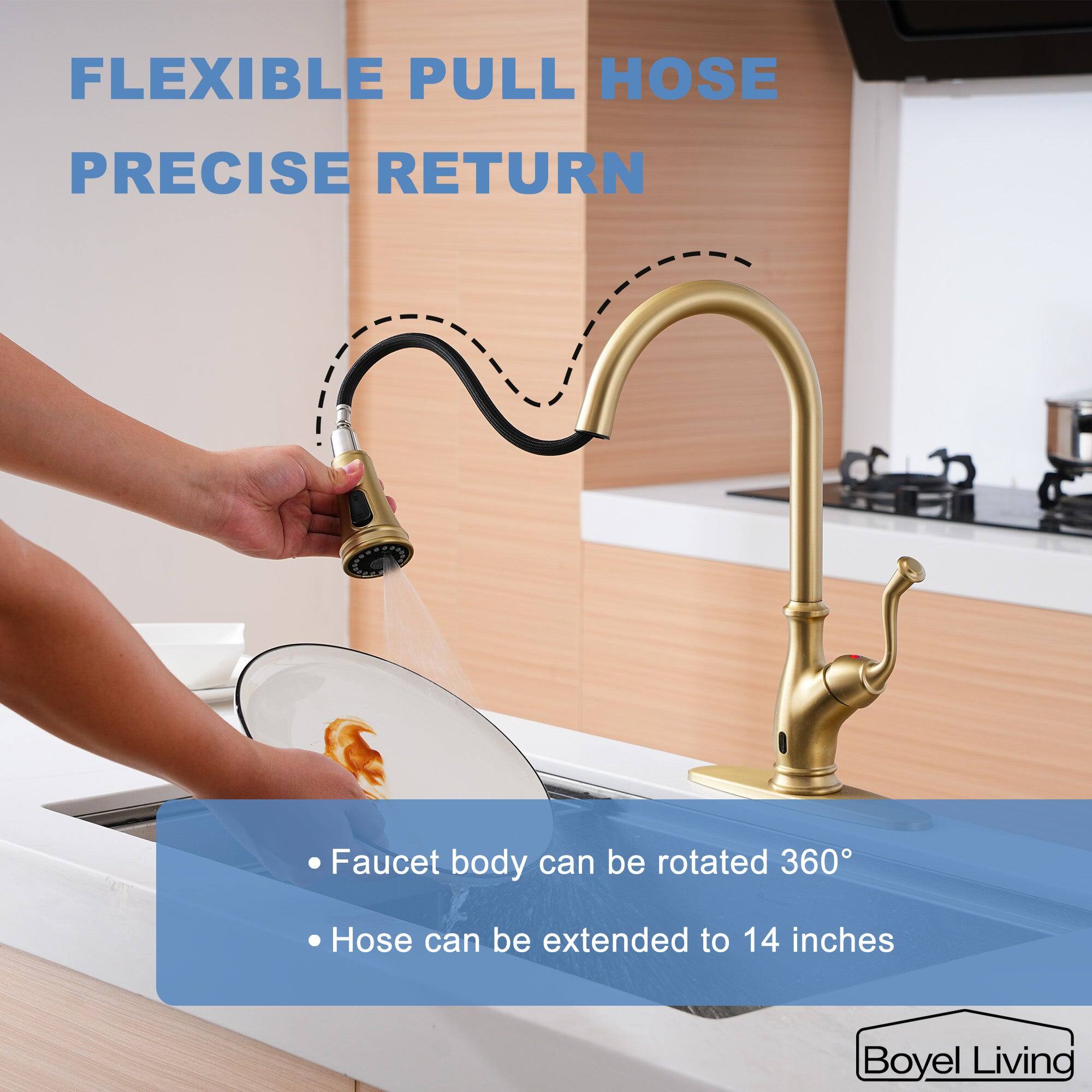 FLEXIBLE PULL HOSE PRECISE RETURN
Faucet body can be rotated 360°
Hose can be extended to 14 inches
Boyel Living