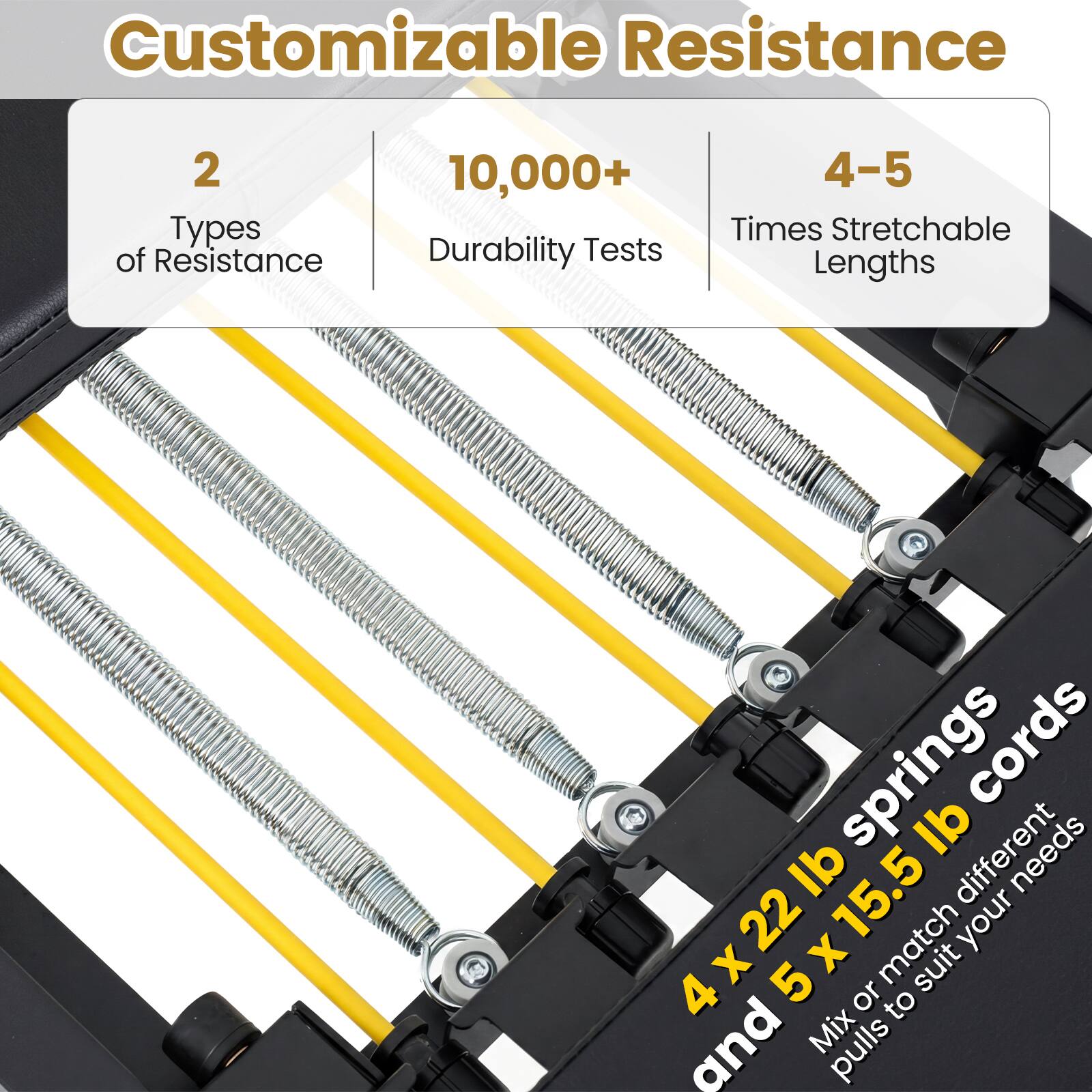Customizable Resistance

2 Types of Resistance  
10,000+ Durability Tests  
4-5 Times Stretchable Lengths

4 x 22 lb springs and 5 x 15.5 lb cords  
Mix or match different pulls to suit your needs