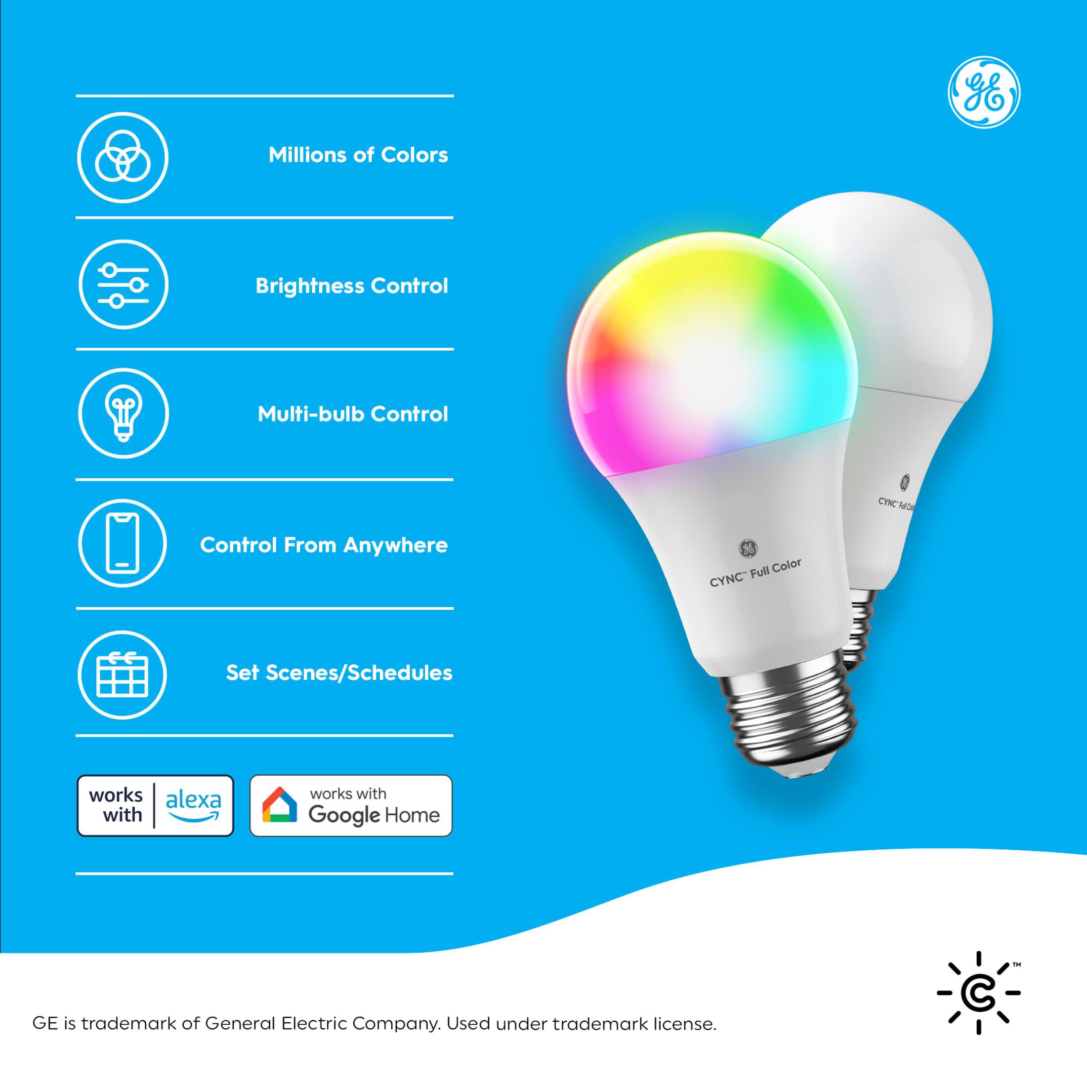 The text on the image can be grouped and corrected as follows:
1. Millions of Colors
2. Brightness Control
3. Multi-bulb Control
4. Control from Anywhere
5. Full Color CYNC
6. Set Scenes/Schedules
7. Works with Alexa
8. Works with Google Home
9. GE is a trademark of General Electric Company. Used under trademark license.