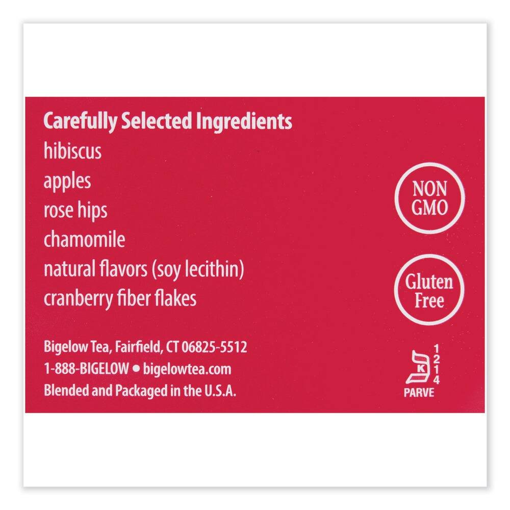 Carefully Selected Ingredients  
hibiscus  
apples  
rose hips  
chamomile  
natural flavors (soy lecithin)  
cranberry fiber flakes  

NON GMO  
Gluten Free  

Bigelow Tea, Fairfield, CT 06825-5512  
1-888-BIGELOW • bigelowtea.com  
Blended and Packaged in the U.S.A.  

1 2 9 K 1214 4 1  
PARVE