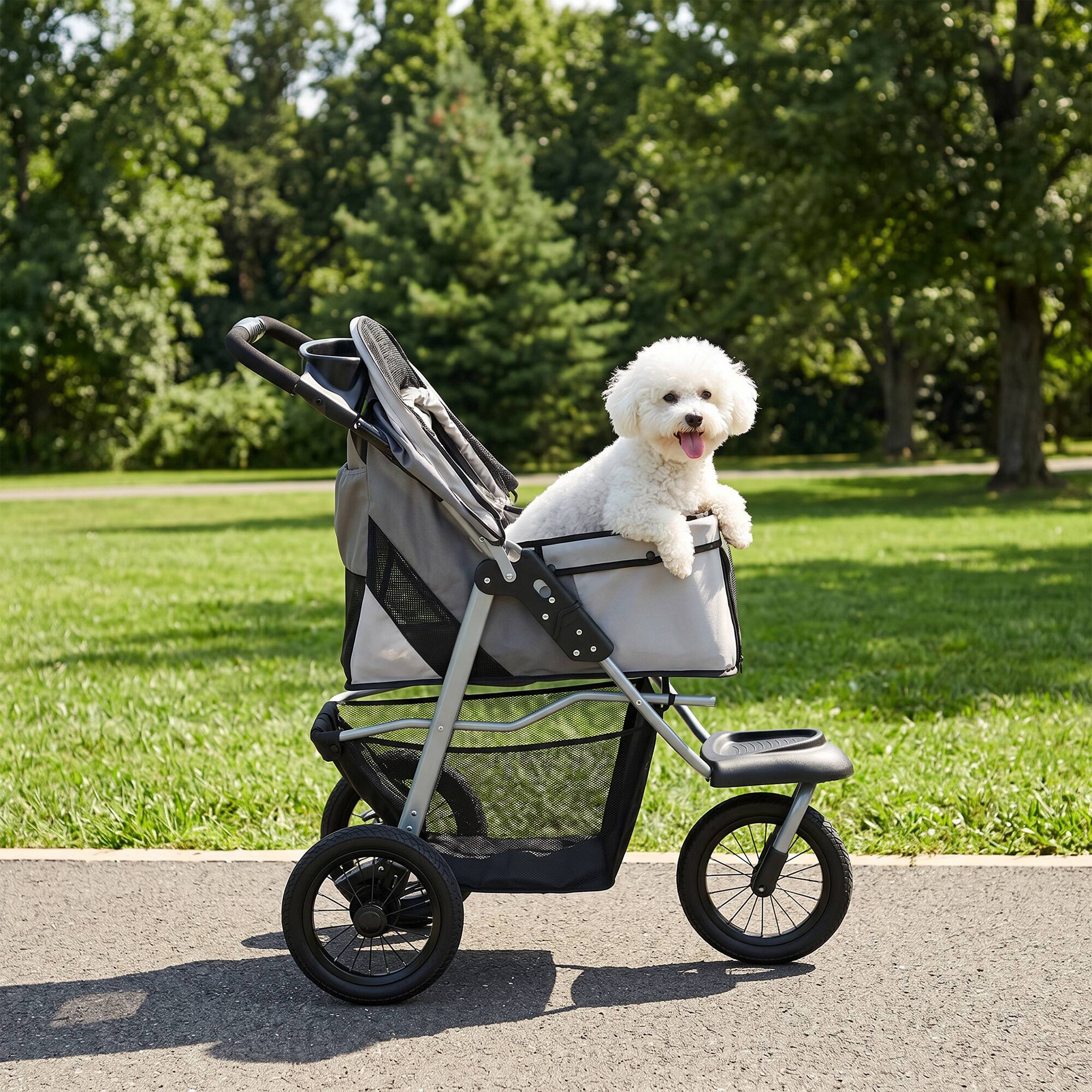 Alt View 8. Pawhut - Stroller, Foldable Dog Stroller with 12" Rubber Wheels for Small Dogs, Up to 22 LBS - Light Gray.