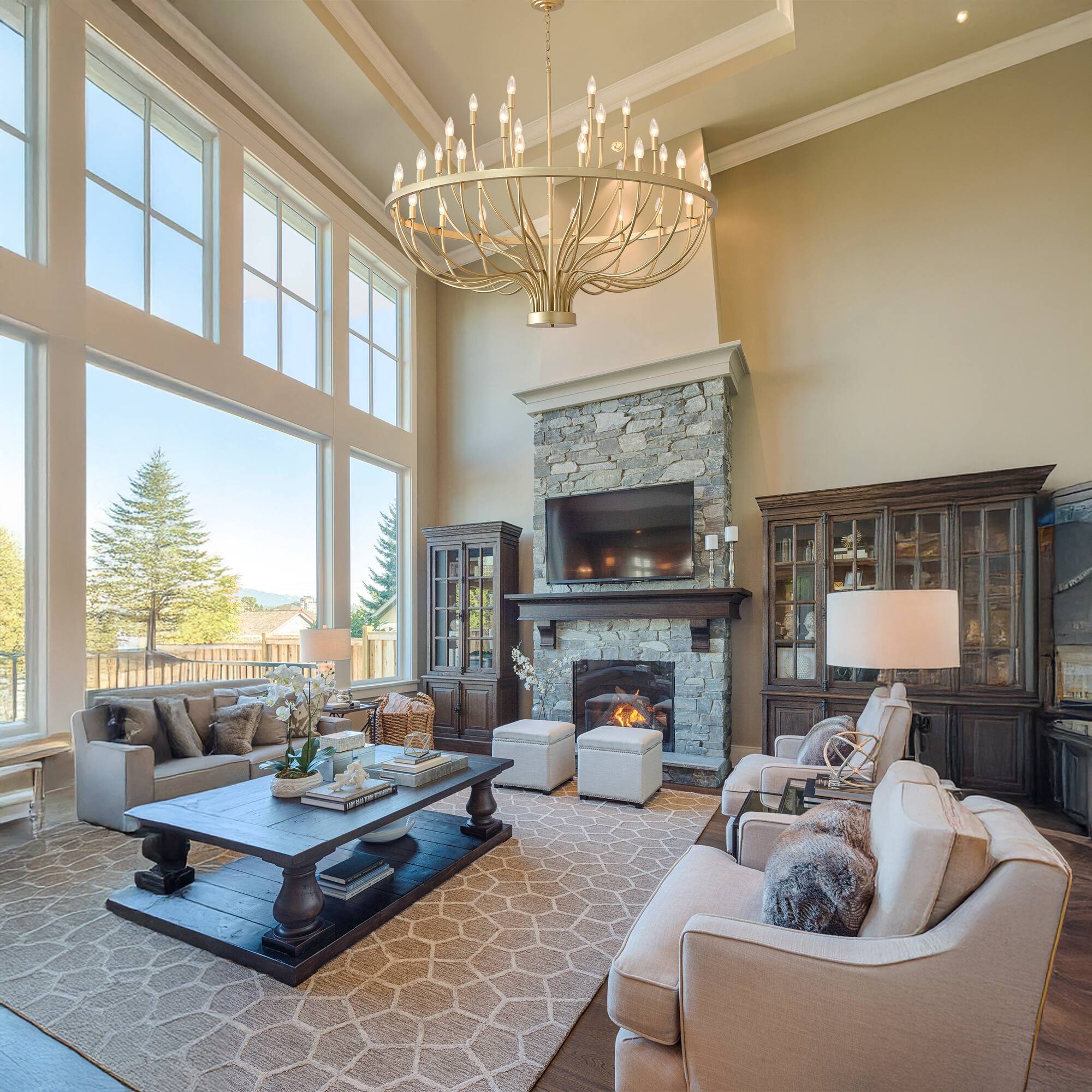 Left. RYHNUYNE - 33-Light Gold Chandelier 47.2in Candle Chandelier Modern Farmhouse Pendant Lighting Fixture for Kitchen Foyer Entryway - Gold.