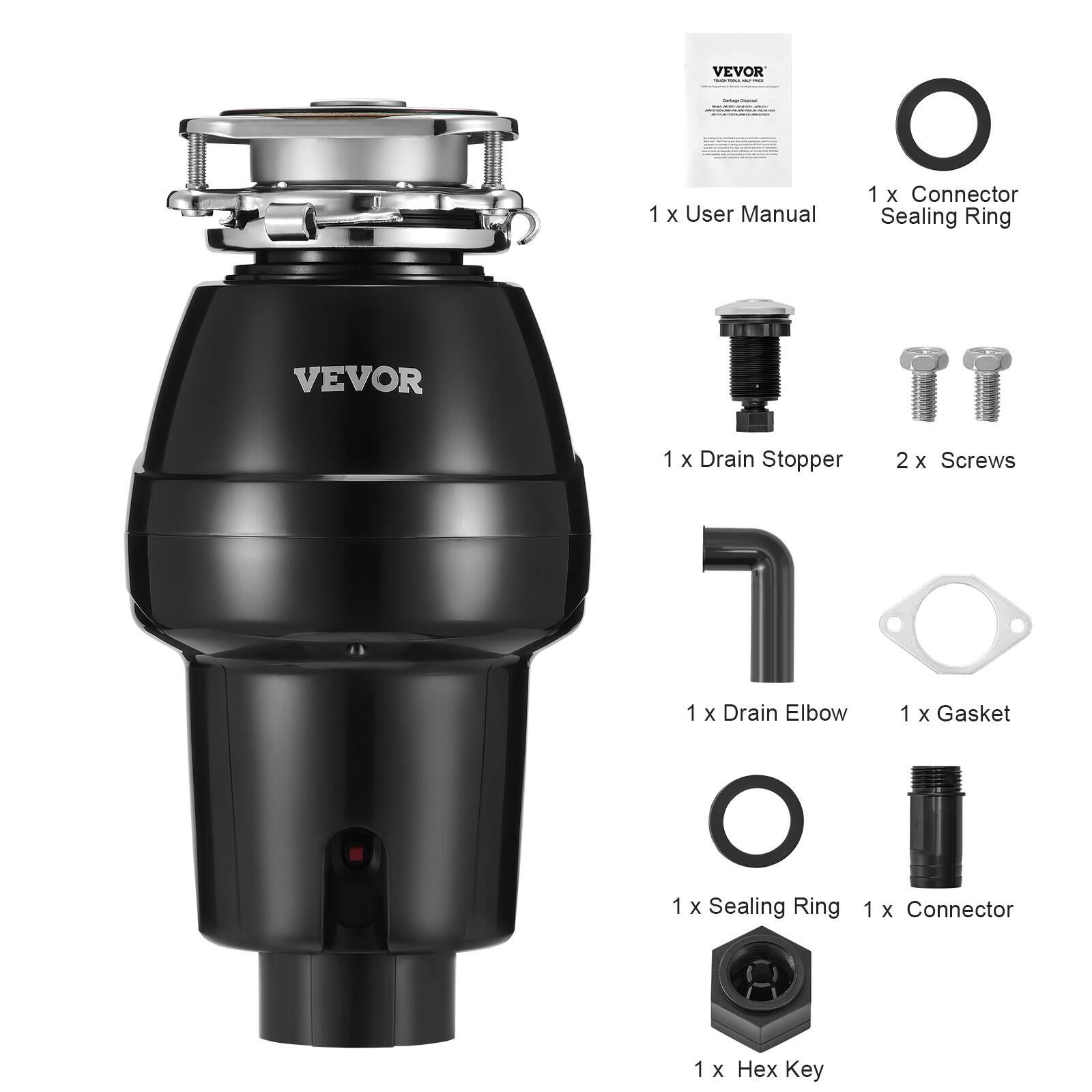 VEVOR 1 x User Manual  
1 x Connector Sealing Ring  
VEVOR 1 x Drain Stopper  
2 x Screws  
1 x Drain Elbow  
1 x Gasket  
1 x Sealing Ring  
1 x Connector  
1 x Hex Key