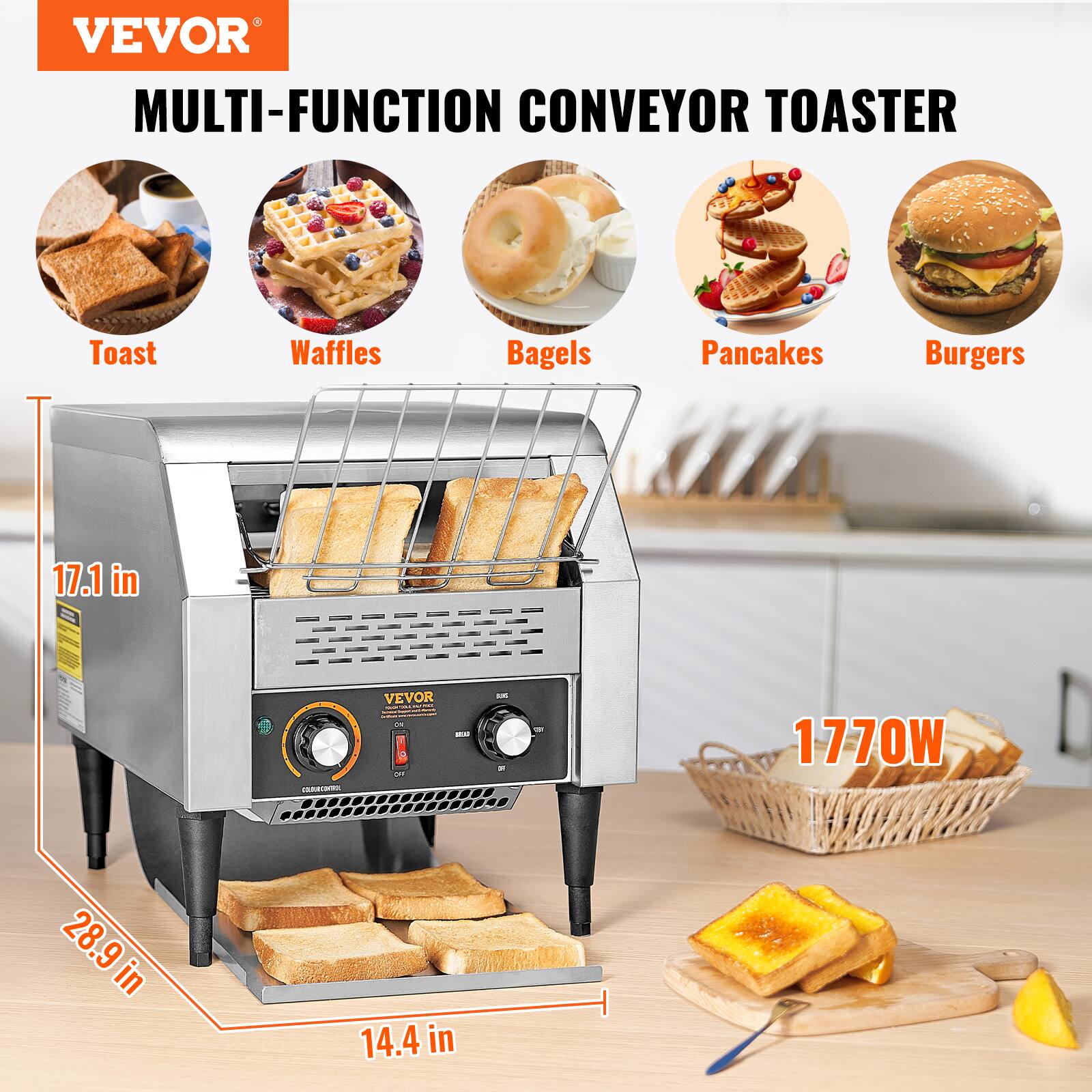 VEVOR MULTI-FUNCTION CONVEYOR TOASTER

Toast
Waffles
Bagels
Pancakes
Burgers

17.1 in
28.9 in
14.4 in

VEVOR - LIPART SEAD 09
500
1770W