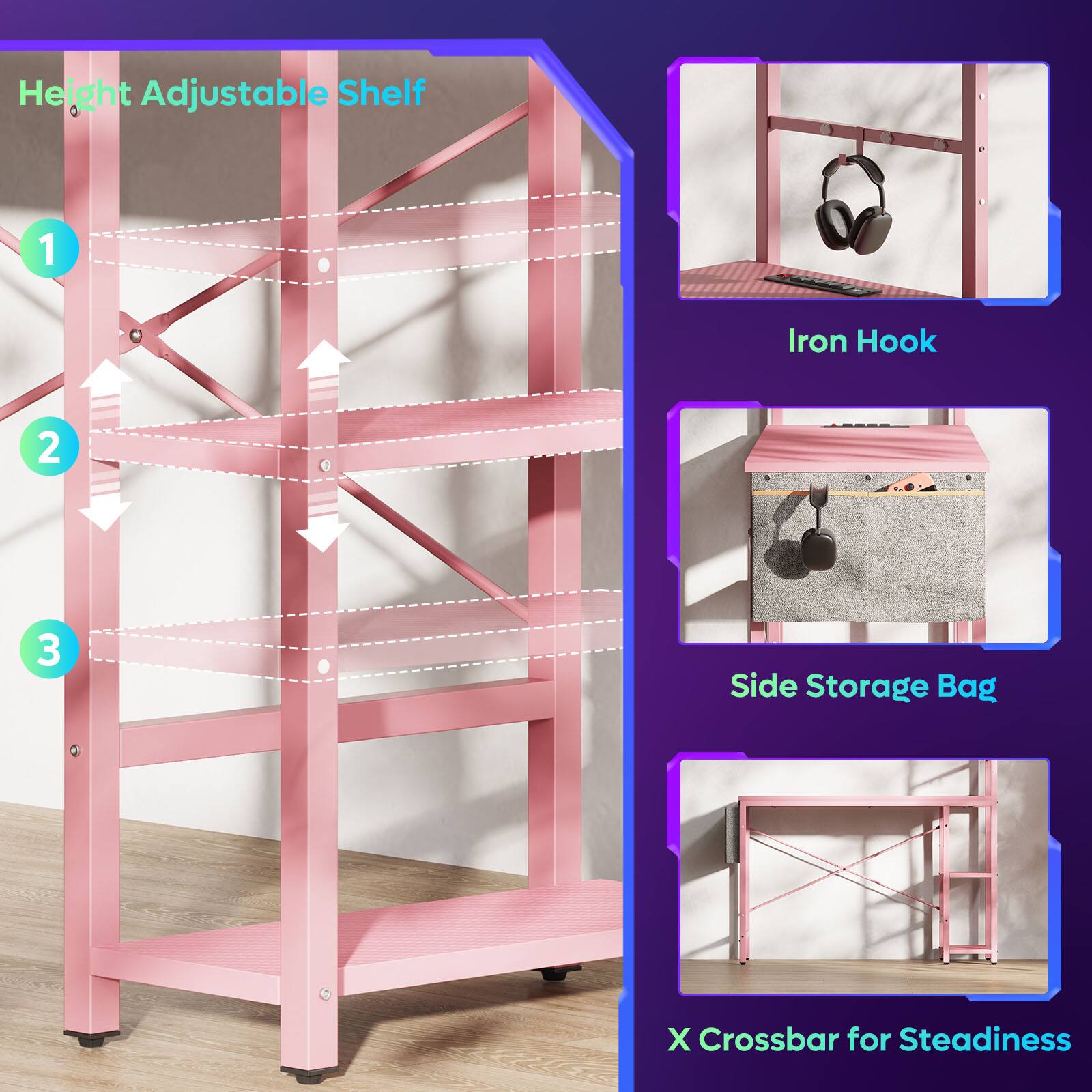 Height Adjustable Shelf 1 Iron Hook 2 Side Storage Bag X Crossbar for Steadiness