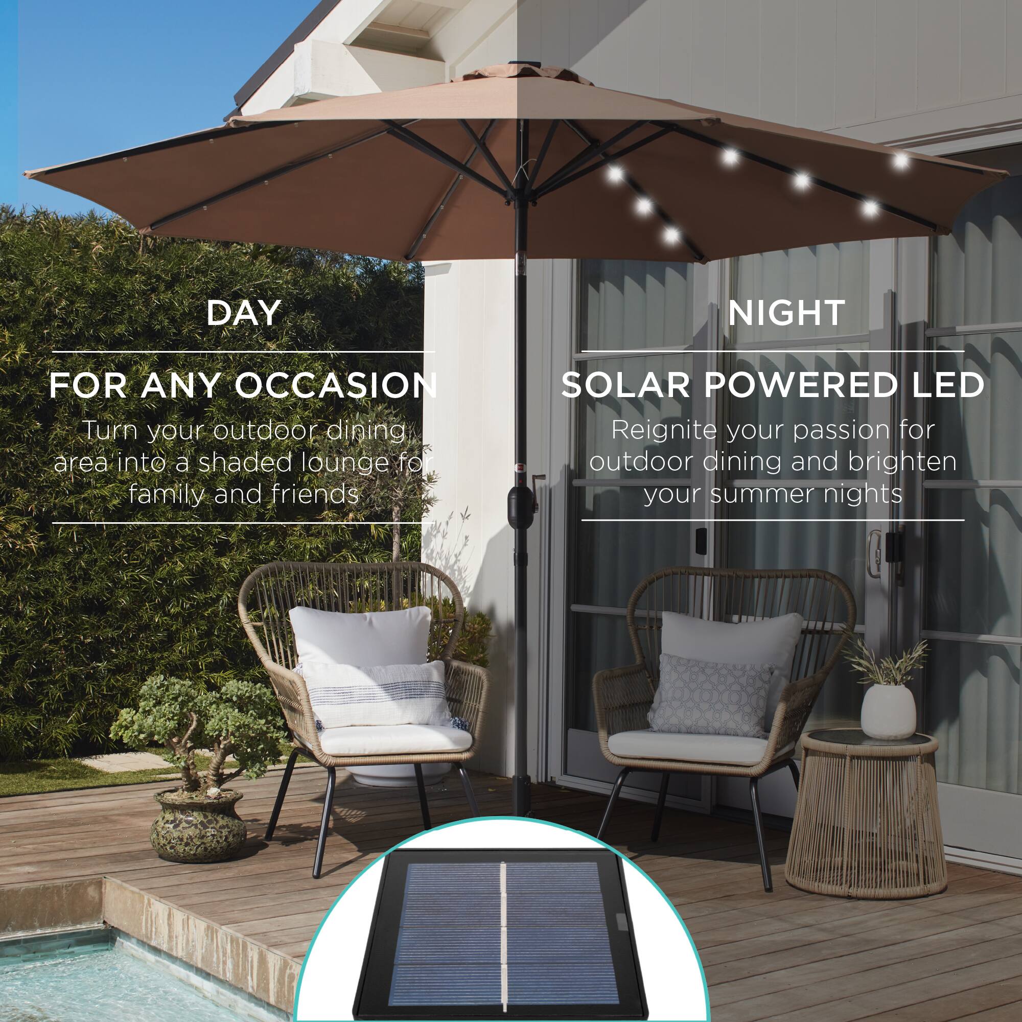 DAY NIGHT FOR ANY OCCASION

Turn your outdoor dining area into a shaded lounge for family and friends.

SOLAR POWERED LED

Reignite your passion for outdoor dining and brighten your summer nights.