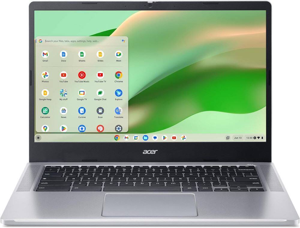 Search your files, tabs, apps, settings, help, web, Gmail, Docs, Sheets, Slides, Meet, Photos, YouTube, YouTube Music, YouTube TV, Chrome, Google Keep, My stuff, Google TV, Google Chat, Explore, Calculator, News, Cursive, Scan, Translate, Jun 13, 12:30, acer.
