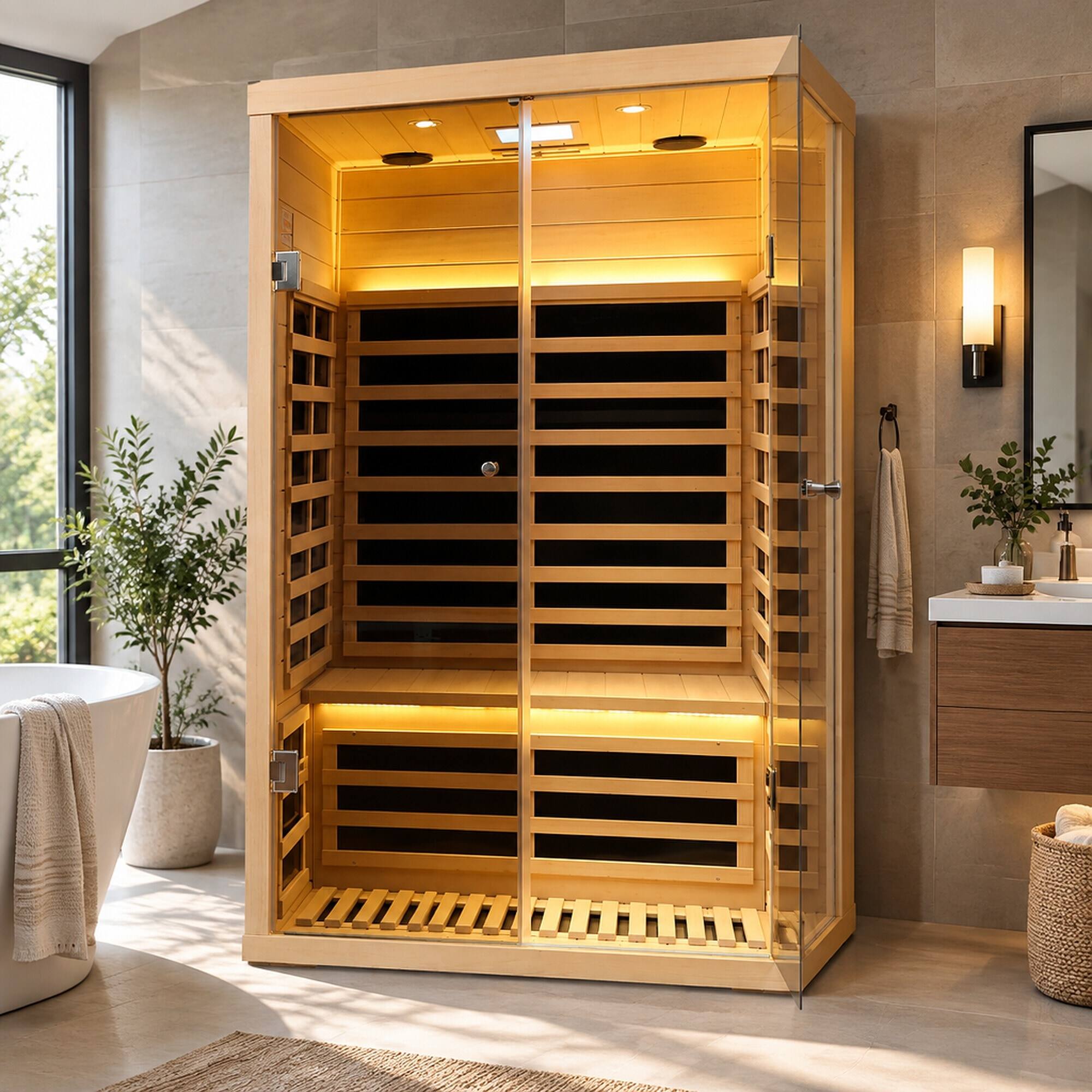 Back. RYHNUYNE - 2 Person Far Infrared Sauna, Hemlock Wood, Glass Double Doors, Low EMF, Indoor Home Spa - Natural Wood.