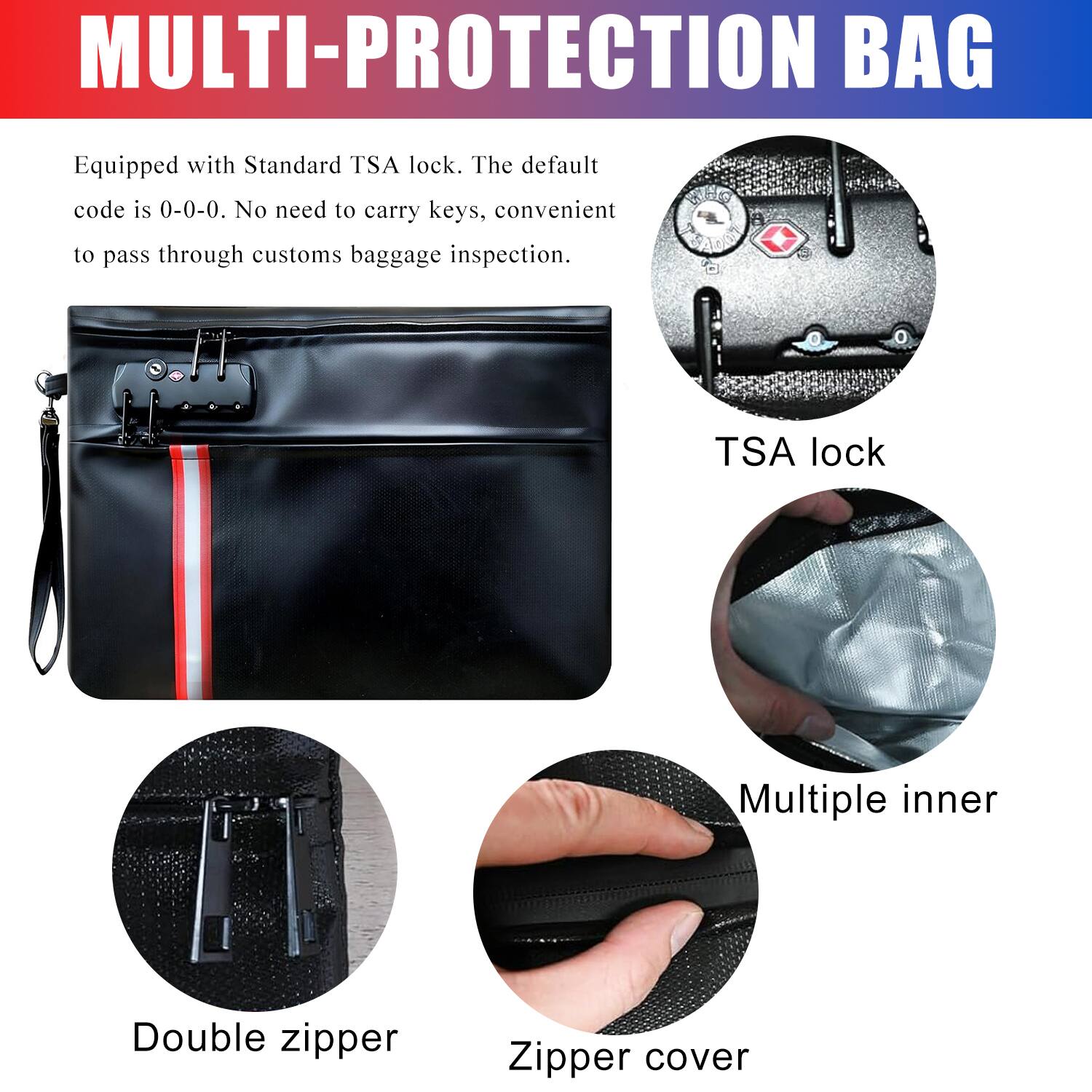 **MULTI-PROTECTION BAG**

Equipped with Standard TSA lock. The default code is 0-0-0. No need to carry keys, convenient to pass through customs baggage inspection.

- TSA lock
- Double zipper
- Multiple inner
- Zipper cover