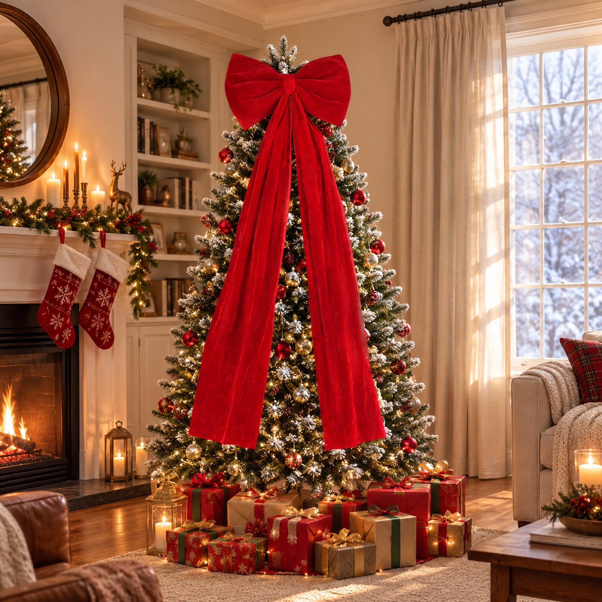 Angle. RYHNUYNE - 6FT Pre-Lit Aspen Christmas Tree With 300 RGBW Multi-Color LED Lights and App Control, Large Bow - Green.