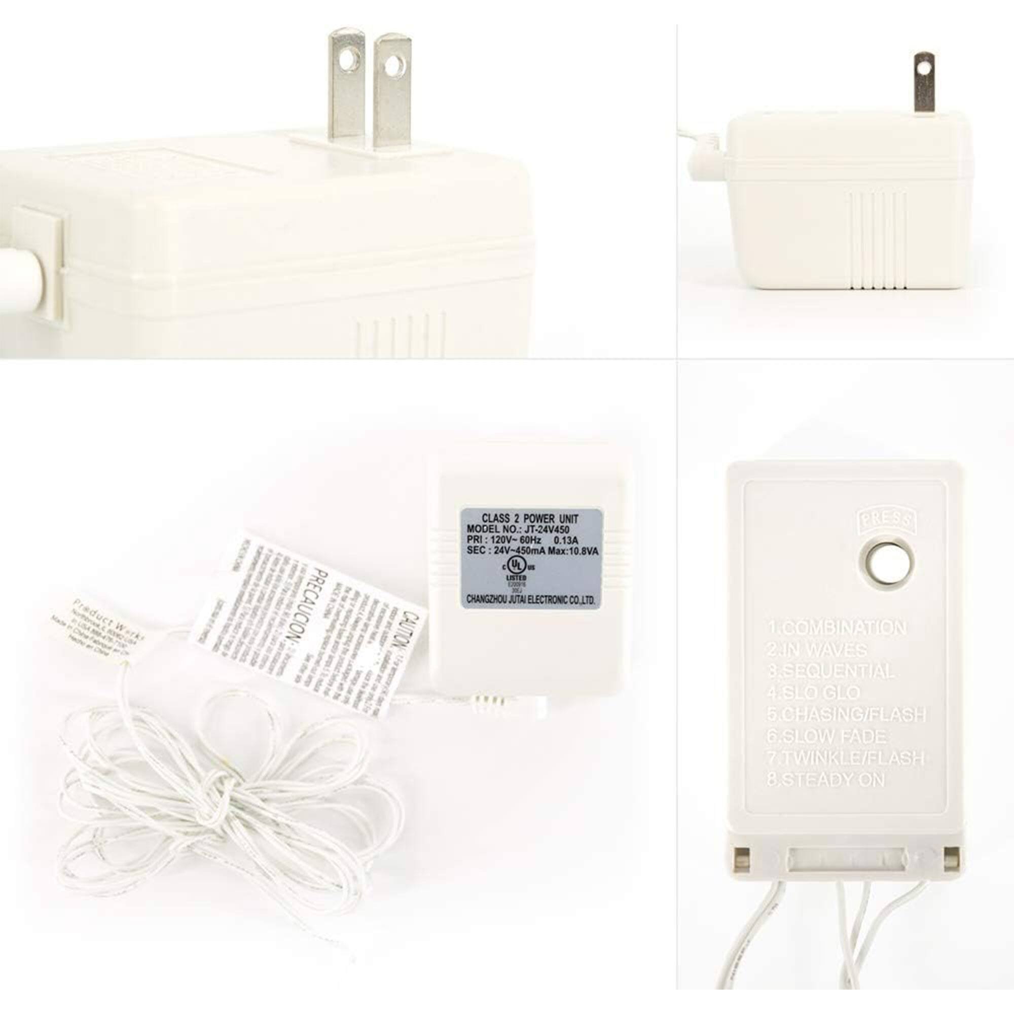 **PRECAUCIÓN CAUTION**

**CLASS 2 POWER UNIT**

**MODEL NO: T-24V450**

**PRI: 120V-60HZ 0.13A**

**SEC: 24V-450mA Max 10 BVA**

**CHANGHOU JA ELECTRONIC CO., LTD**

**PRESS**

**1. COMBINATION**

**2. IN WAVES**

**3. SEQUENTIAL**

**4. SLO GLO**

**5. CHASING/FLASH**

**6. SLOW FADE**

**7. TWINKLE/FLASH**

**8. STEADY ON**
