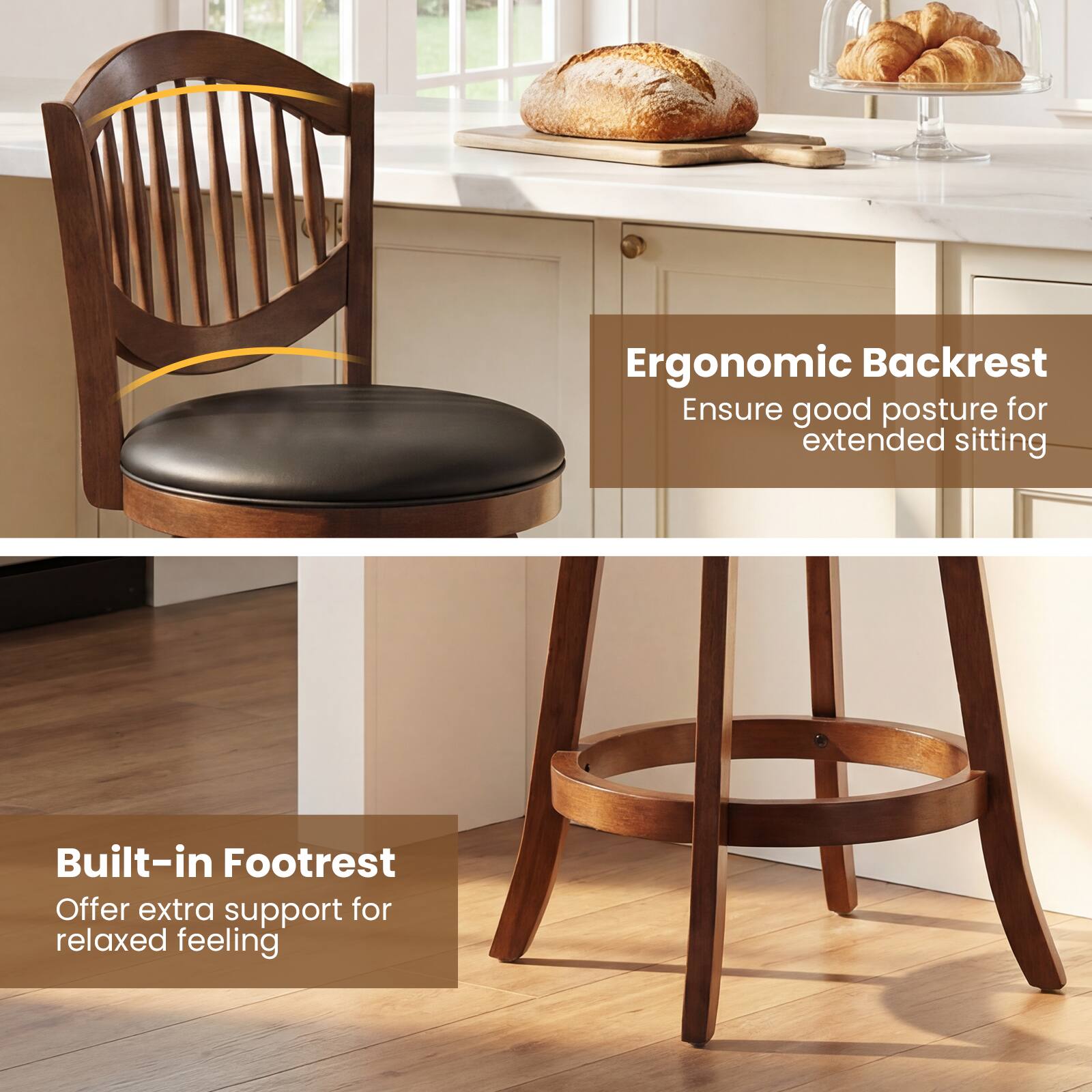 Ergonomic Backrest  
Ensure good posture for extended sitting  

Built-in Footrest  
Offer extra support for relaxed feeling