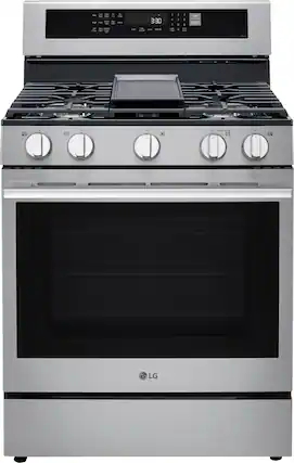 LG oven with a black stove top and a silver oven door. The oven is empty and ready to cook.