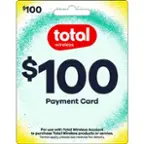 The image features a $100 payment card for Total Wireless. The card can be used to purchase Total Wireless products or services. The terms and conditions for using the card are available on the reverse side.