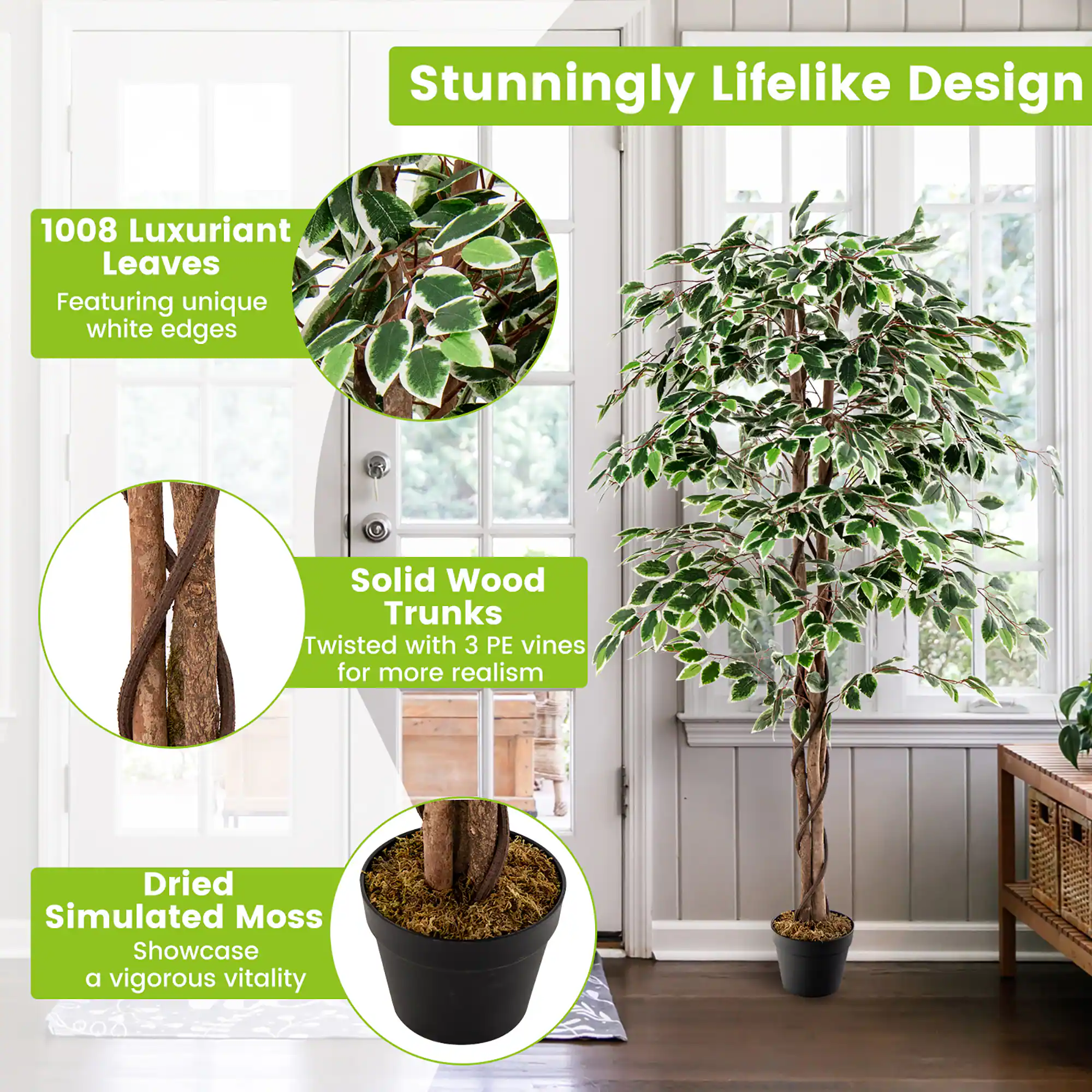 Stunningly Lifelike Design

1008 Luxuriant Leaves  
Featuring unique white edges

Solid Wood Trunks  
Twisted with 3 PE vines for more realism

Dried Simulated Moss  
Showcase a vigorous vitality