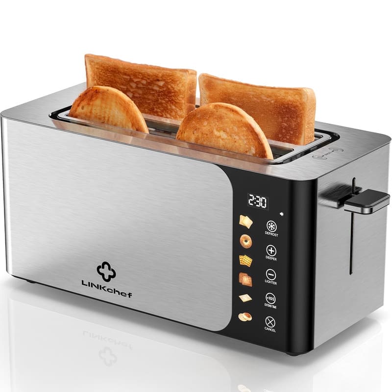 LINKChef - 1300W 4-Slice Wide Slot Toaster with Timer & Touch Screen Control - Stainless Steel
