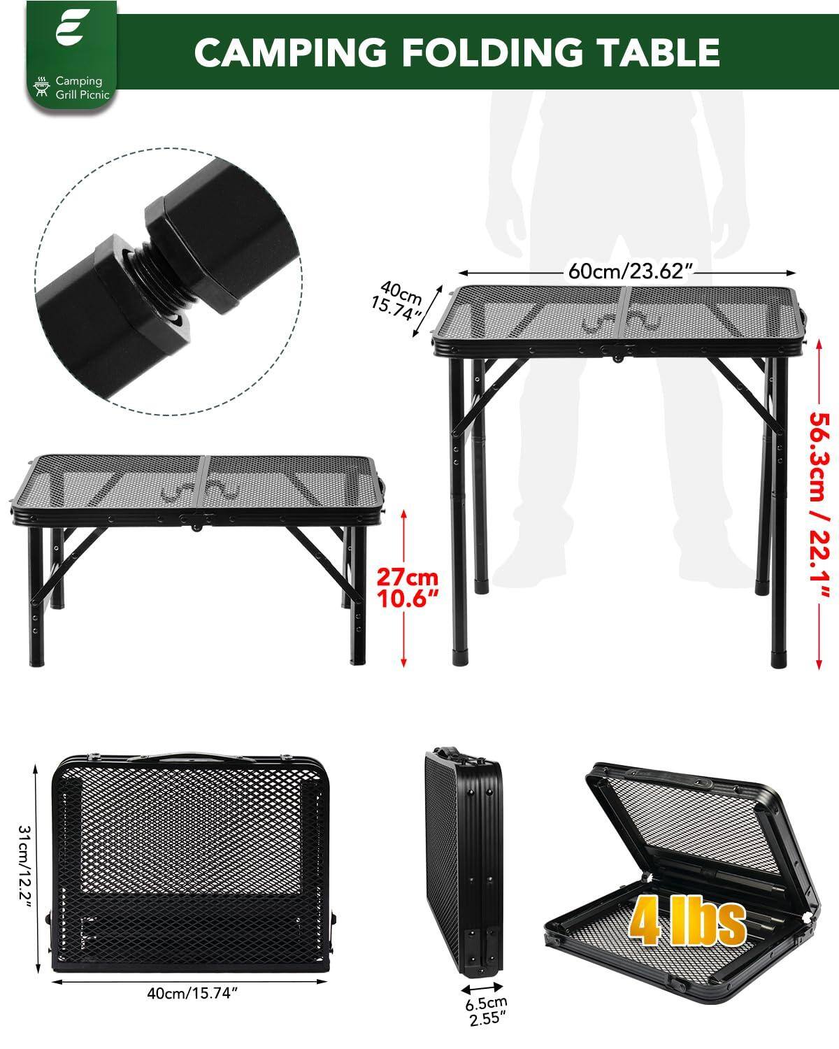 Camping Grill Picnic

CAMPING FOLDING TABLE

- 40cm / 15.74"
- 60cm / 23.62"
- 27cm / 10.6"
- 56.3cm / 22.1"
- 31cm / 12.2"
- 6.5cm / 2.55"
- 4 lbs