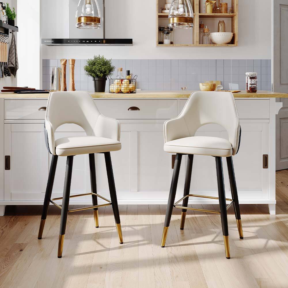 Left. POVISON - 30" Modern Bar Height Faux Leather Bar Stools Set of 2, Arm Chairs with Hollow Backrest for Kitchen Island, Gray & Beige - Dark Gray & Beige PU Leather.